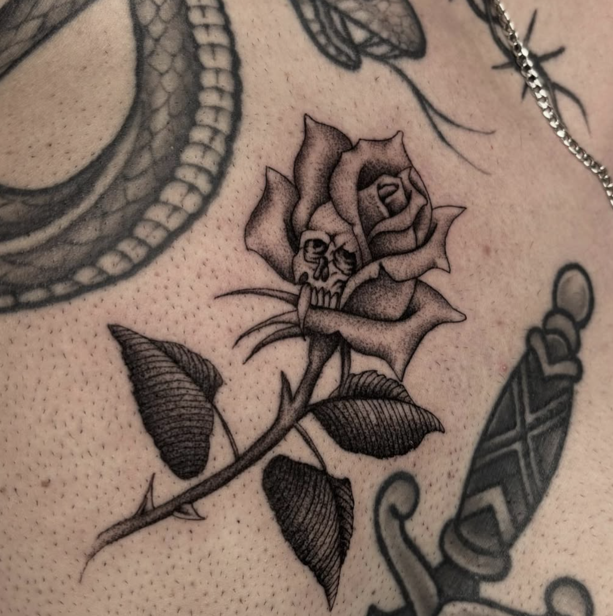 Frankie Spanks finieline black and grey tattooer guest artist at Lombard Street Tattoo in St. Johns, Portland, Oregon