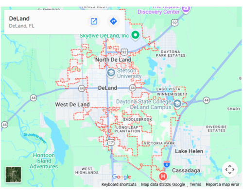 Image of a Google map of DeLand, FL