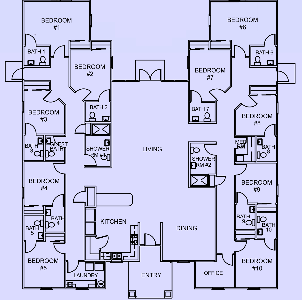 Floor plan of a large residential building with multiple bedrooms, bathrooms, a living area, kitchen, dining, laundry, and office spaces.