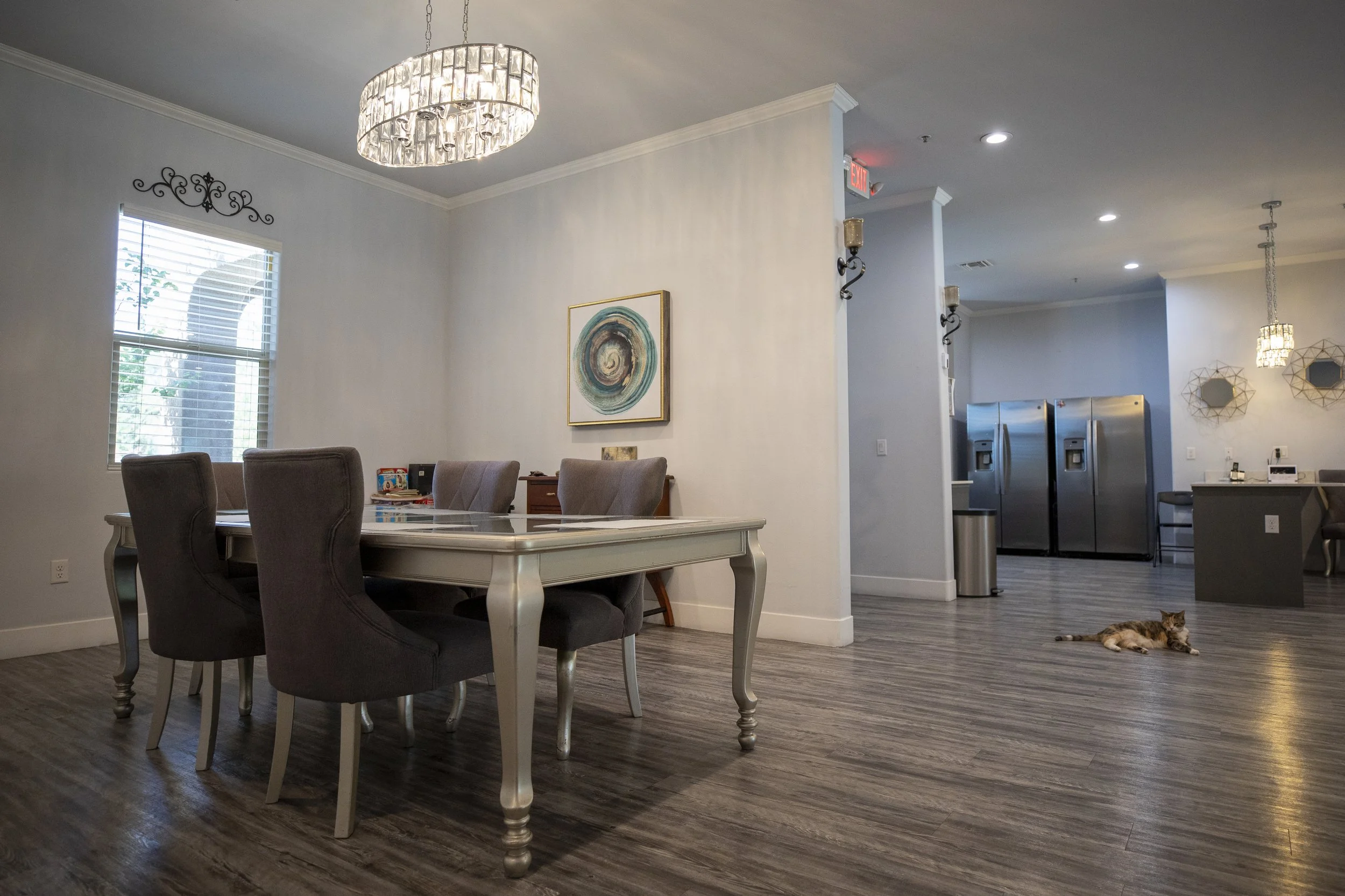 Interior of a modern dining area with a white dining table, four gray upholstered chairs, and a chandelier. A window with blinds and decorative wall art are visible. In the background, stainless steel refrigerators, additional lighting, and a cat lying on the wooden floor are seen.