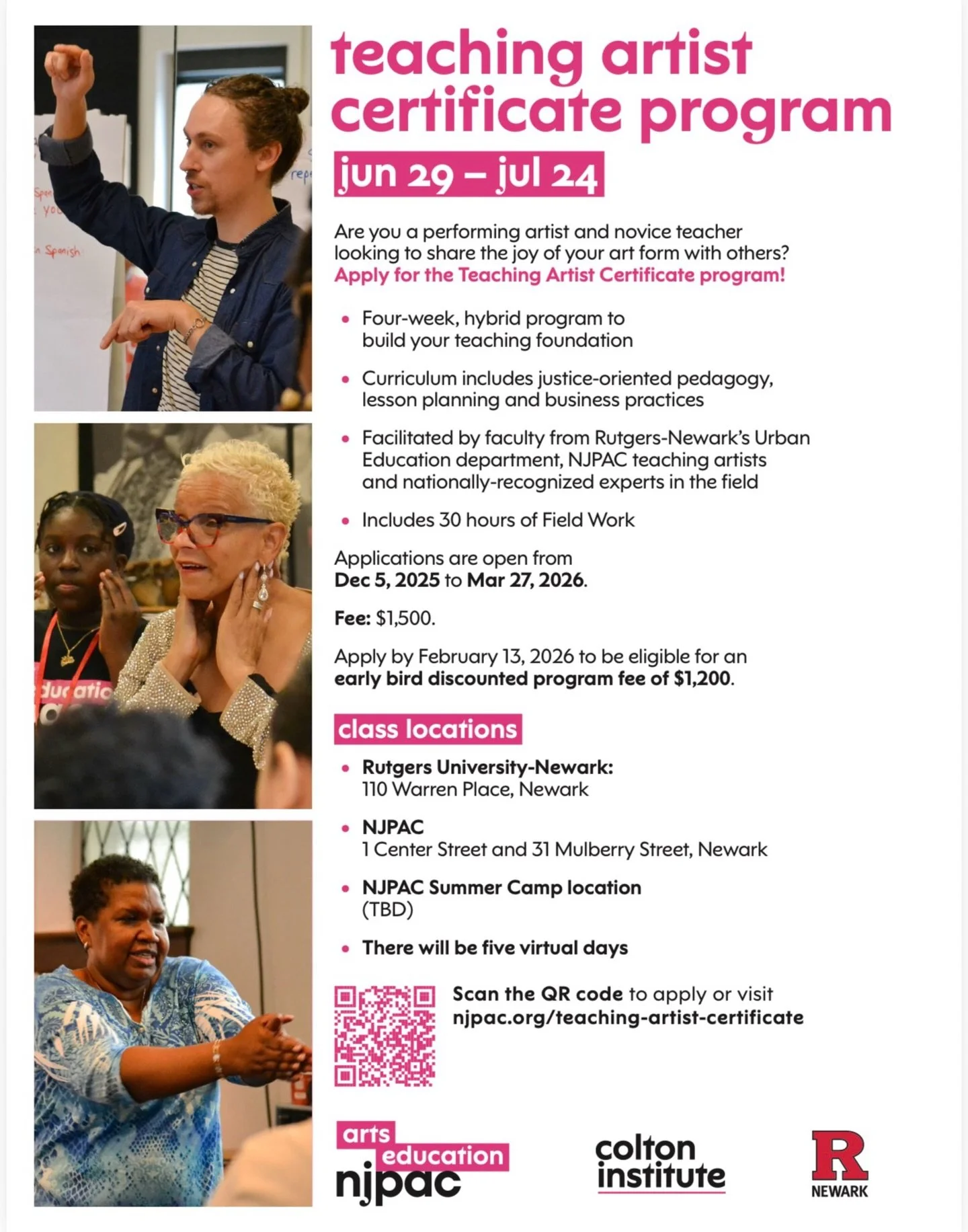 CALLING ALL TEACHING ARTIST! Apply to the new NJPAC @njpacartsed Teaching Artist Certificate program to develop the skills necessary to facilitate creative lessons with diverse learners in classroom, community and healthcare settings.

The Teaching A