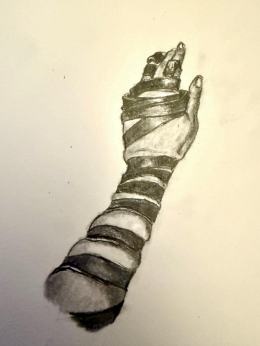 Close up image of a pencil drawing of an arm with hand reaching upward, wrapped tightly in fabric. Artwork by Qamar Yochanan’s Sam-arain QS, 2025