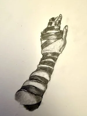 Close up image of a pencil drawing of an arm with hand reaching upward, wrapped tightly in a strip of leather. Artwork by Qamar Yochanan’s Sam-arain QS, 2025