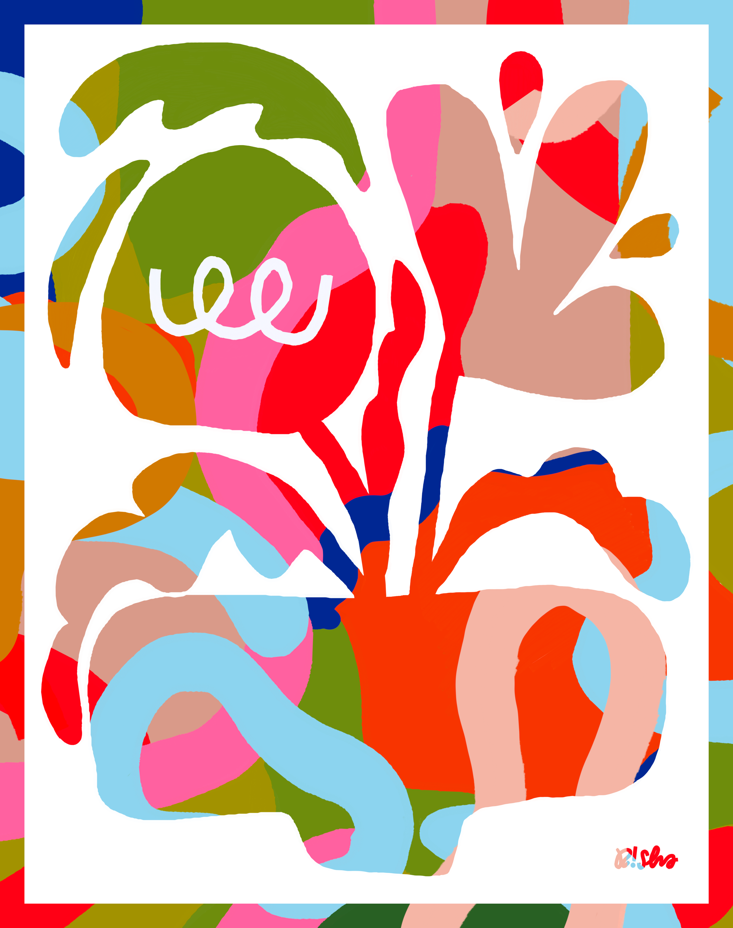Colorful, graphic shapes in a rectangular background with a white floral cutout overlaid