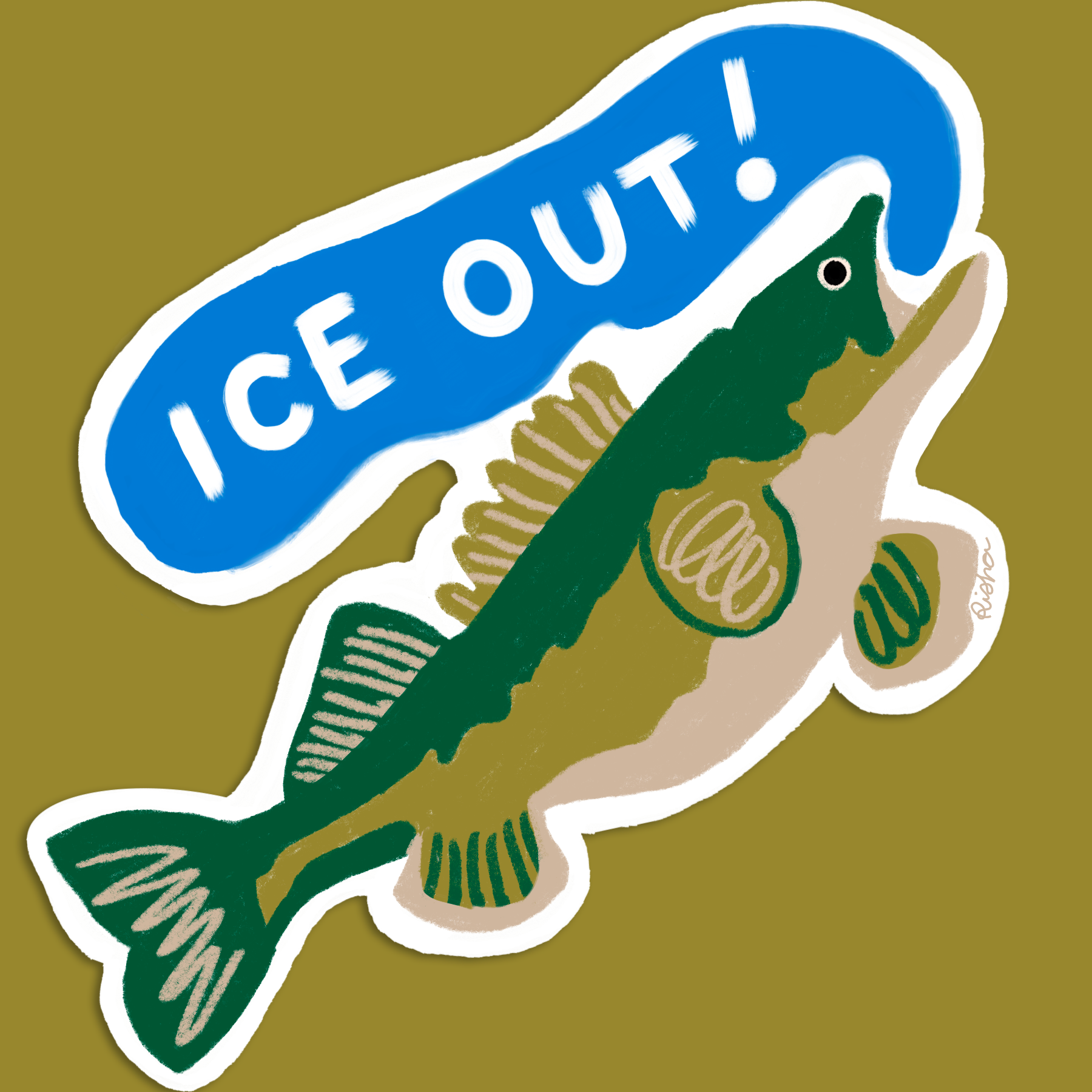Sticker with white outline features a green and beige fish speaking "Ice out!" in a blue word bubble