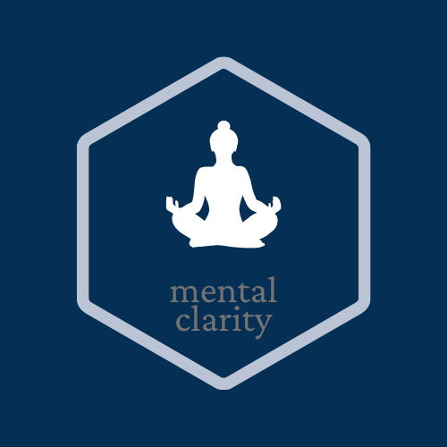 White silhouette of a person in a meditative pose inside a hexagon, with the words "mental clarity" below the figure, on a dark blue background.