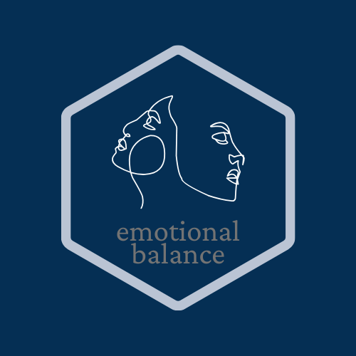 Logo with two line-drawn faces in profile inside a hexagon and the text 'emotional balance'