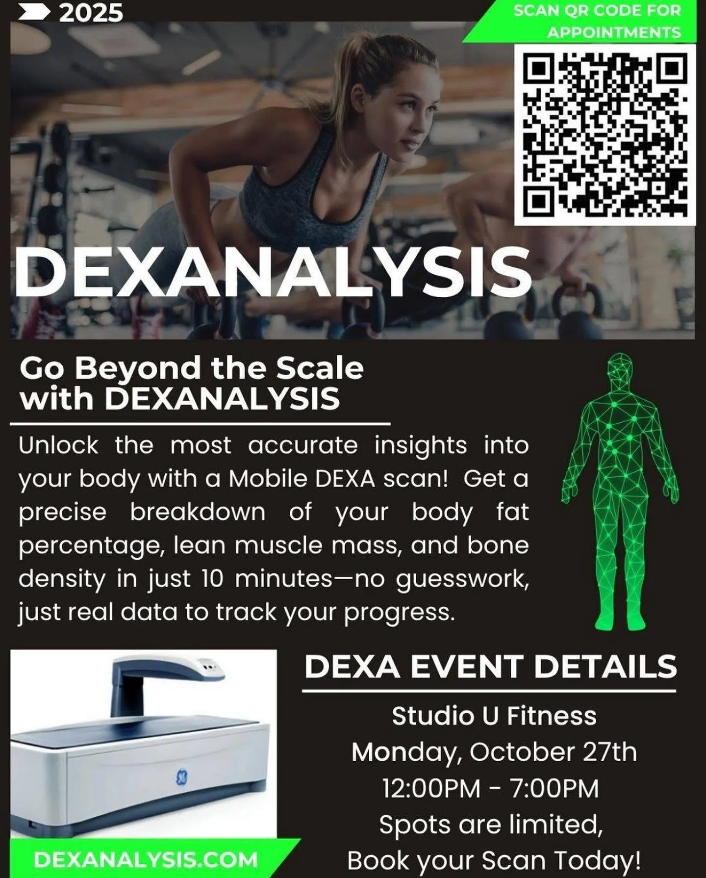 12 Open appointments for anyone who is interested in a mobile DEXA scan. Read below for more info and click the link in comments to make an appointment. 

When: 
Tomorrow, Monday October 27

Where: 
Studio U Fitness
233 Northern Blvd
S. Abington Twp.