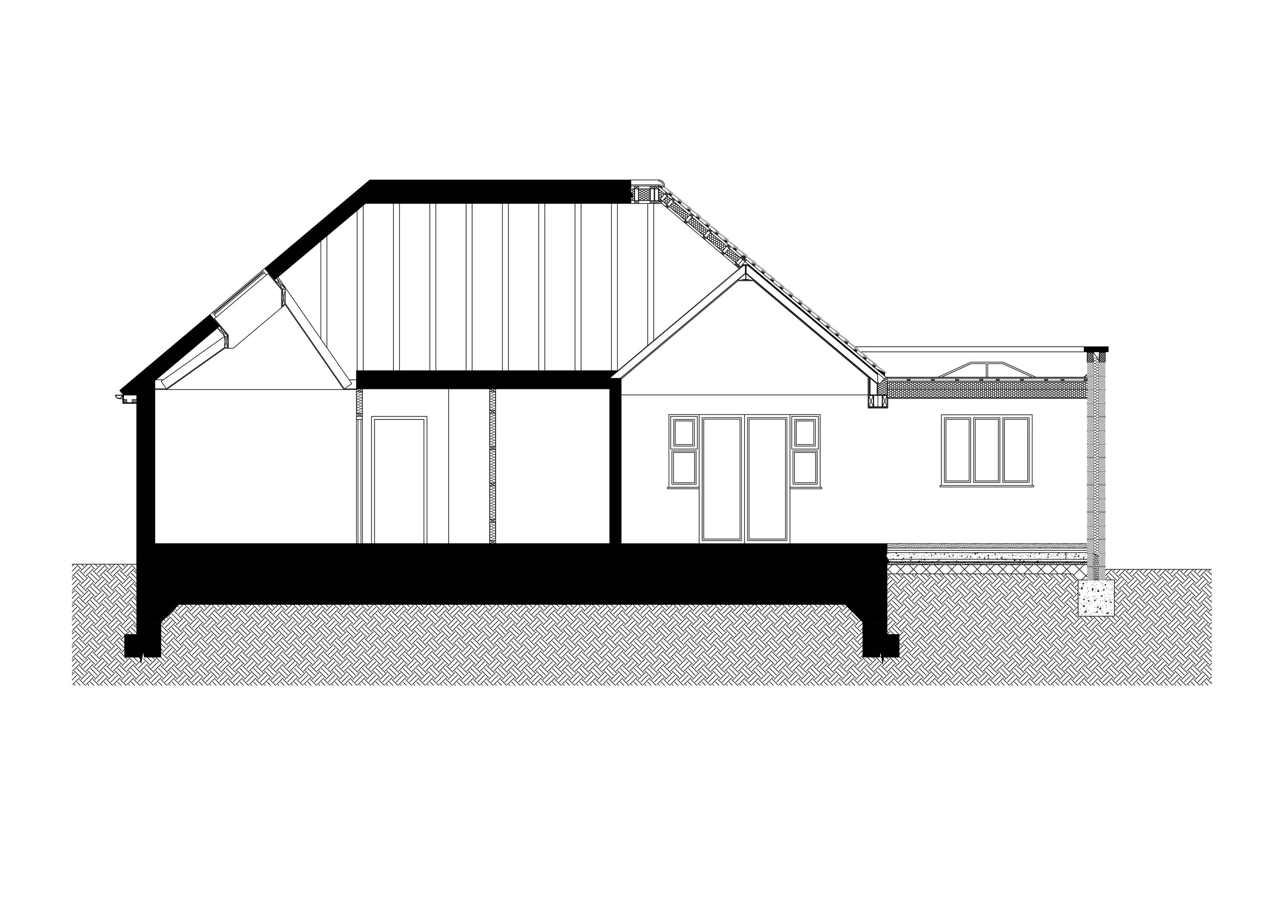 Architectural section drawing showing vaulted ceiling and kitchen/dining connection