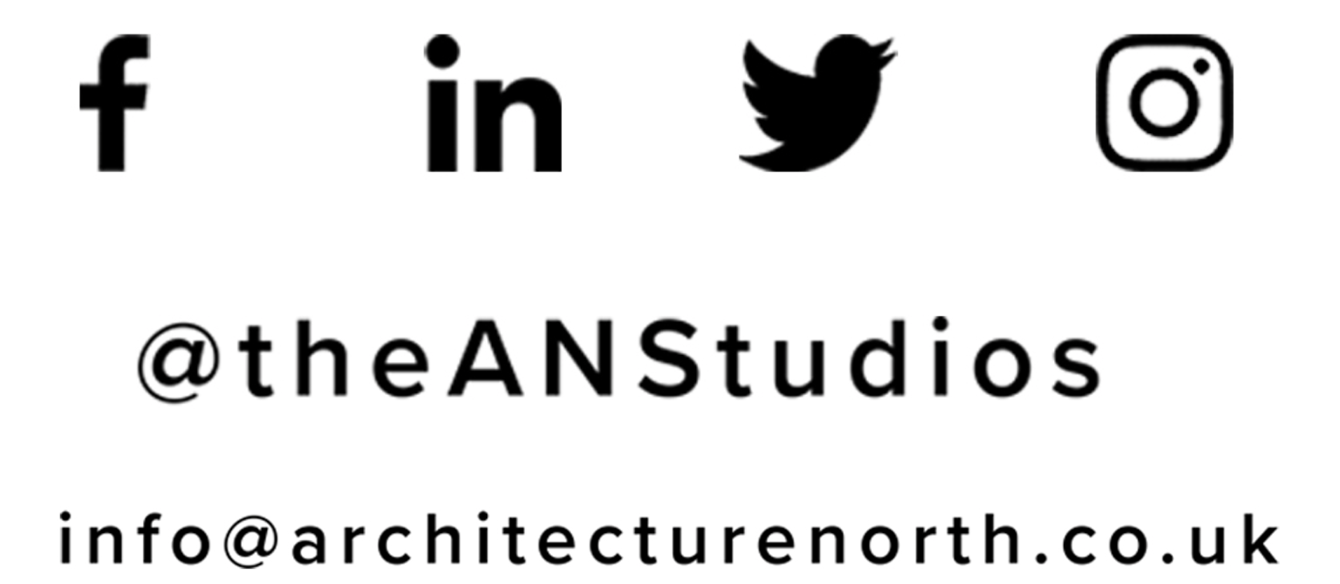 Social media links and contact information for theAΝStudios, including Facebook, LinkedIn, Twitter, and Instagram icons, with email addresses info@architecturenorth.co.uk and @theANStudios.