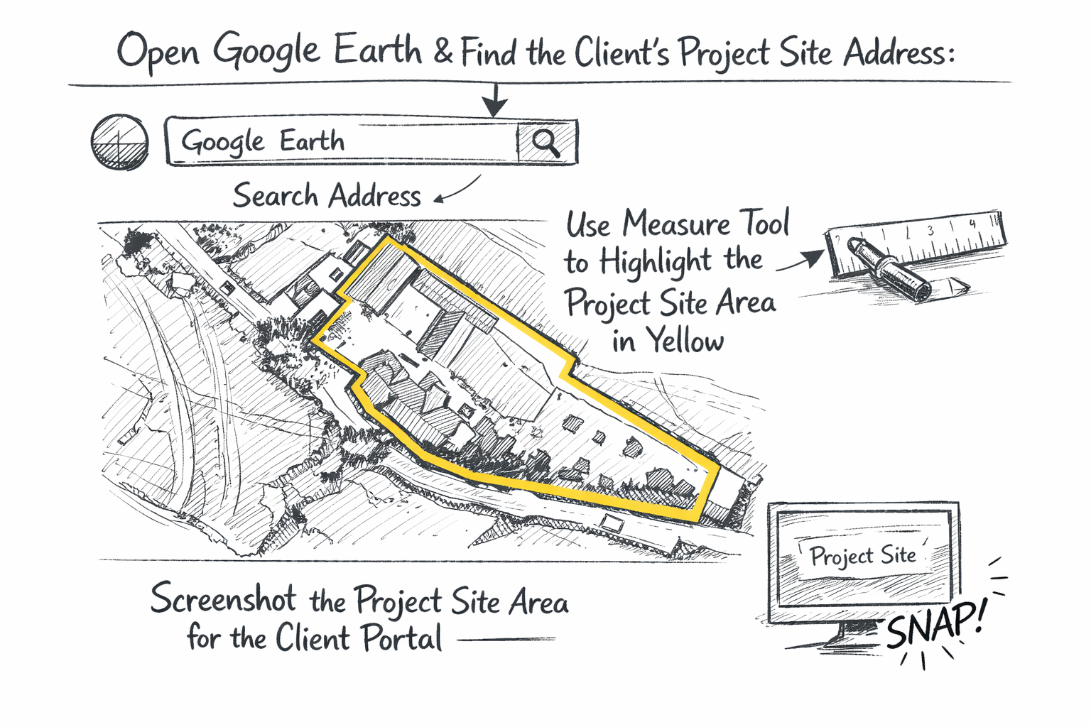Hand-drawn instructions for finding a project site using Google Earth, including a search bar, a diagram of the project site outlined in yellow, a ruler, and a computer monitor with the label 'Project Site' and a 'SNAP!' callout.