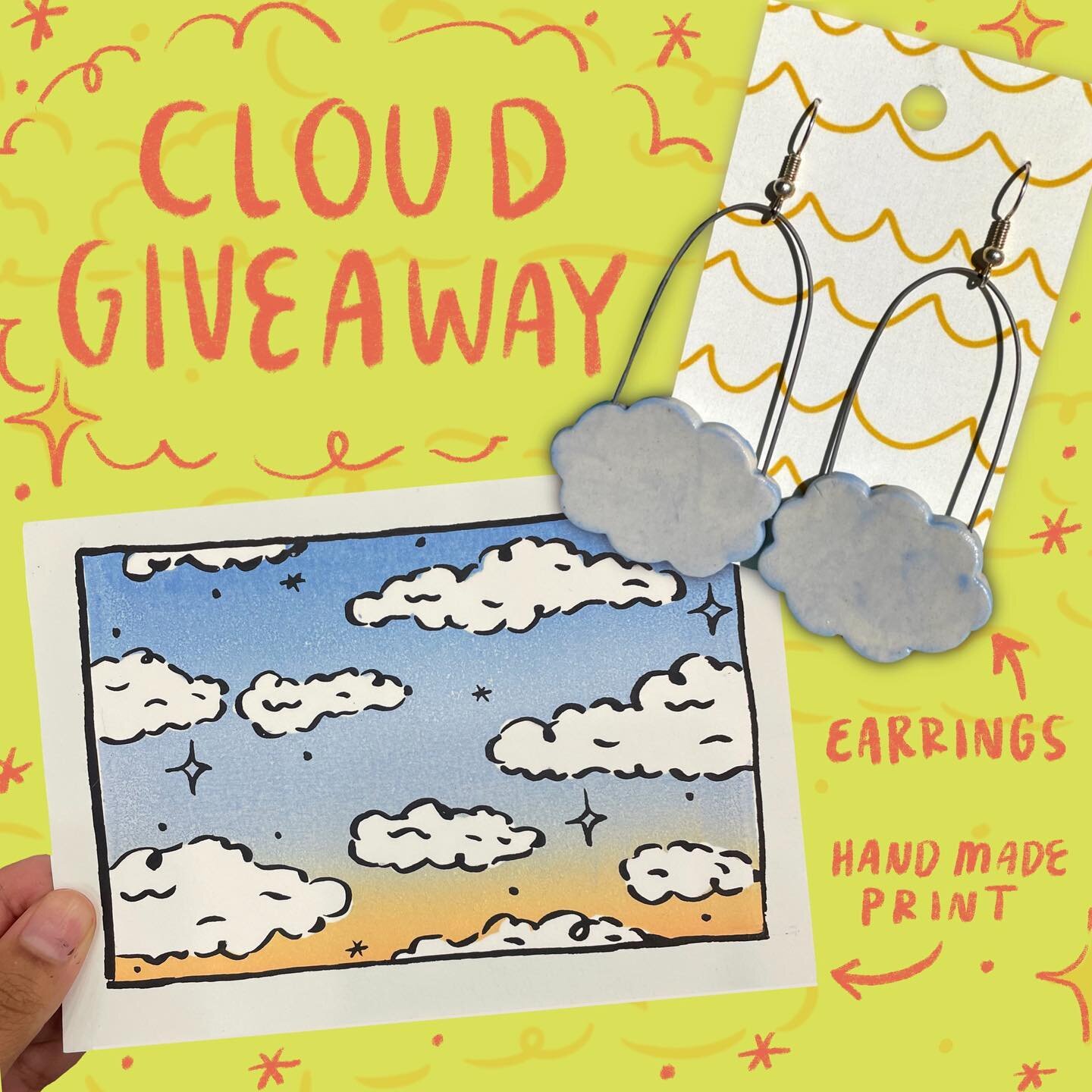 ☁️☁️CLOUD GIVEAWAY!!!☁️☁️
I&rsquo;ve hit a couple milestones that I wanna celebrate with you all by giving away a fresh-off-the-press relief + screen print and ceramic cloud earrings!! Over $60 value! ☁️
~
How to enter:
1. Like this post &amp; follow