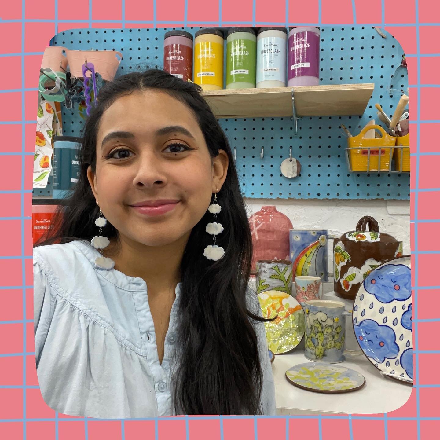 Hii there! Let&rsquo;s do a little introduction! My name is Eliana and I am an artist living and working in western north carolina ⛰️
 I like to have my hands in a bit of everything so I make relief + screen prints, pottery, ceramic earrings, sticker