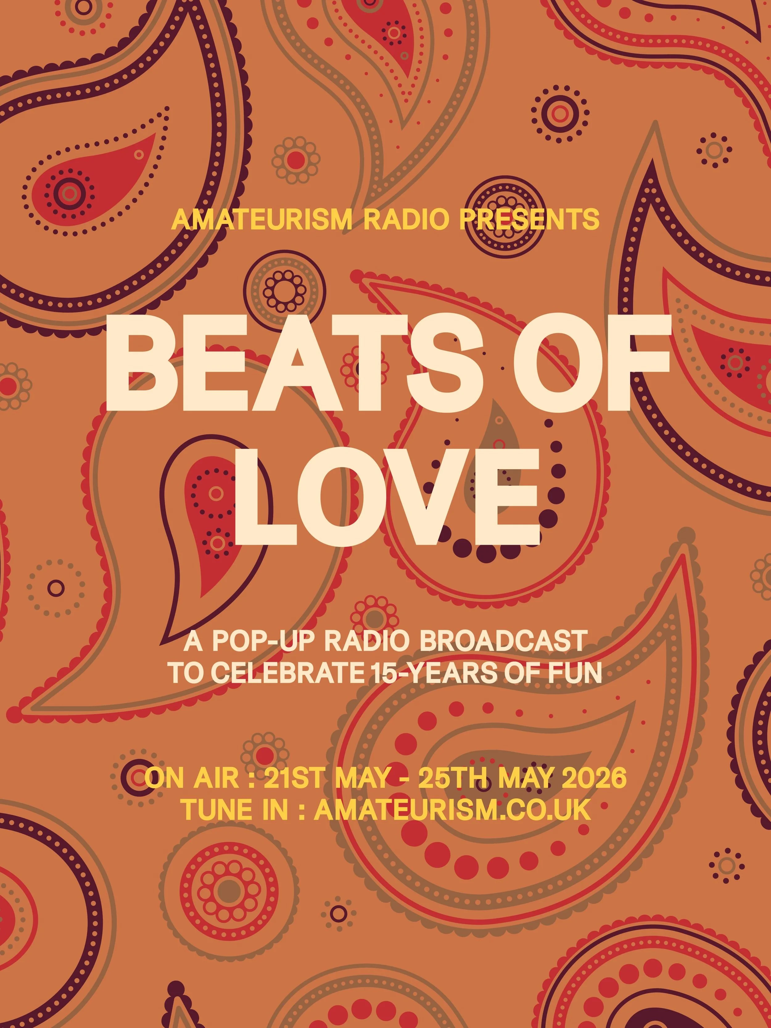CELEBRATING 15-YEARS OF FUN! &hellip; and 6-years of AM-RAD⚡️

We are beyond hyped to announce our next broadcast: BEATS OF LOVE

We will be popping up on 21st May, and then ON AIR till 25th May. 

Turn on, tune in, drink tea: amateurism.co.uk

Amate