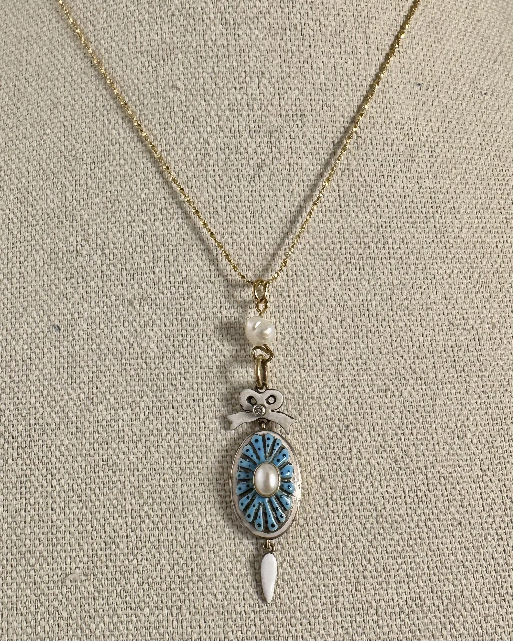 Antique 15K Enamel Pendant Necklace with Pearls and Diamond