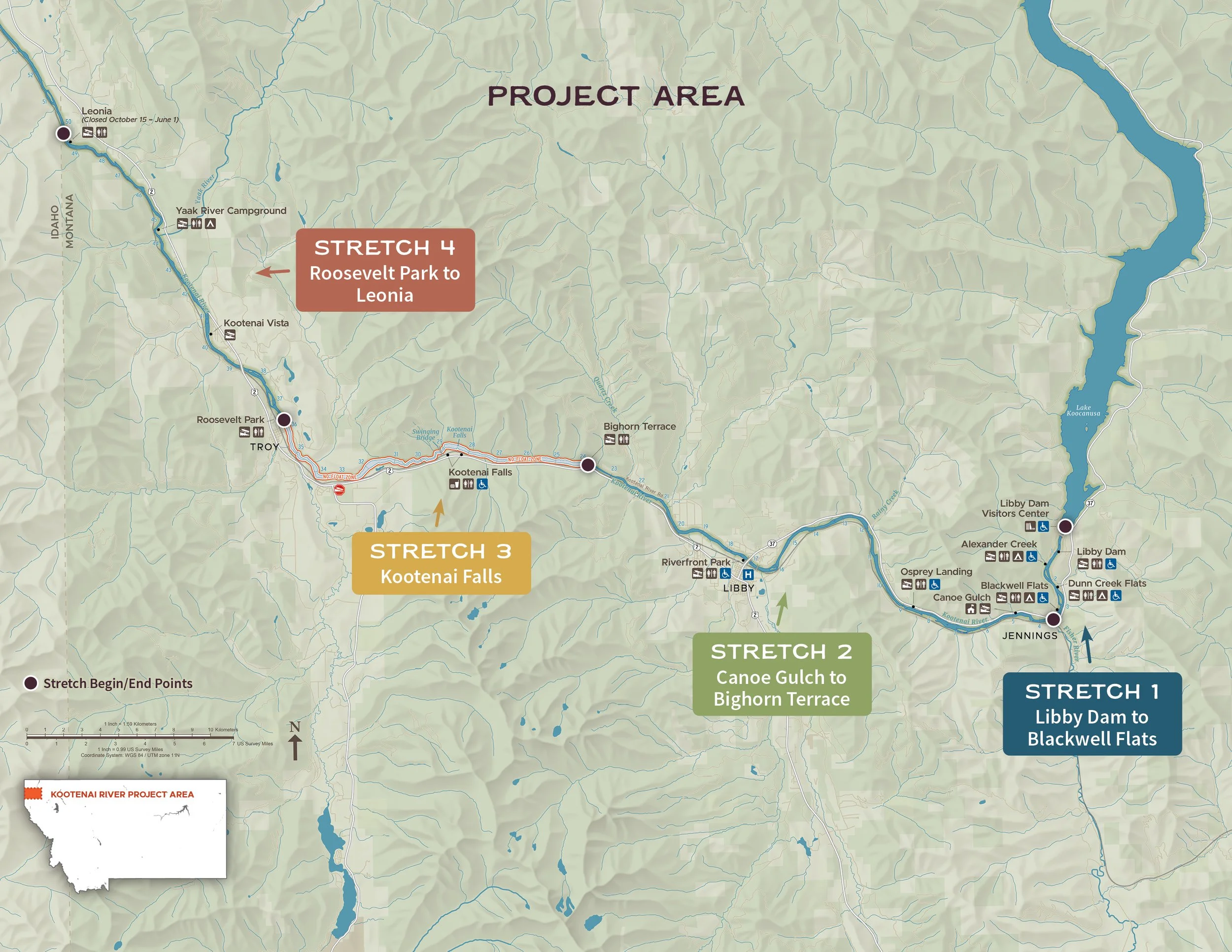 Map showing sections of the Kootenai River project area, including Roosevelt Park to Leonia, Kootenai Falls, Canoe Gulch to Bighorn Terrace, Libby Dam to Blackwell Flats, and other locations, with icons indicating camping, parking, and accessible facilities.