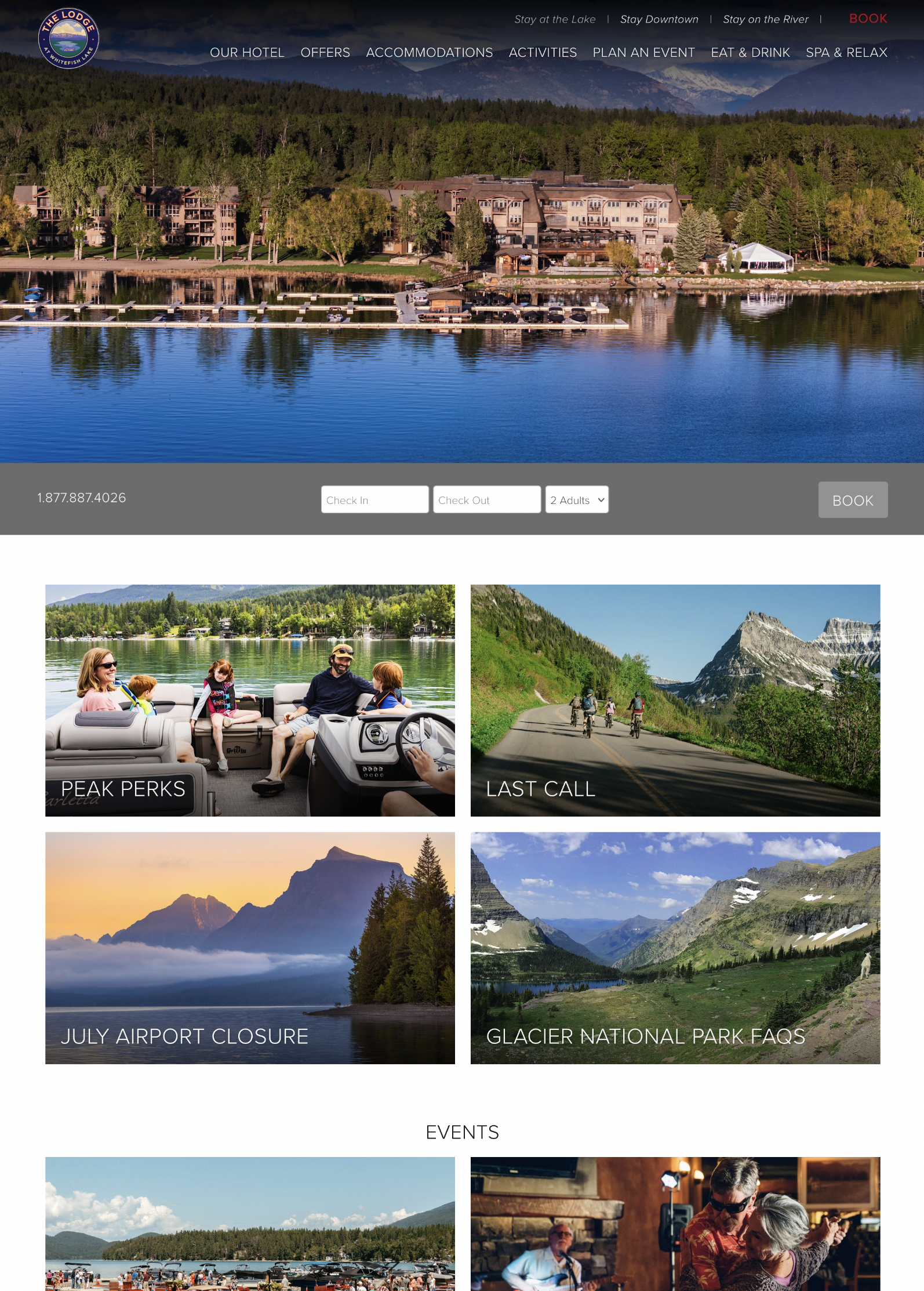 Screenshot of a resort or hotel website featuring a large lake with docks and boats, surrounded by lush green trees, with mountains in the background. The website menu includes options such as Our Hotel, Offers, Accommodations, Activities, Plan an Event, Eat & Drink, Spa & Relax, and a Book button. There is a booking section with check-in and check-out dates and a number of adults.