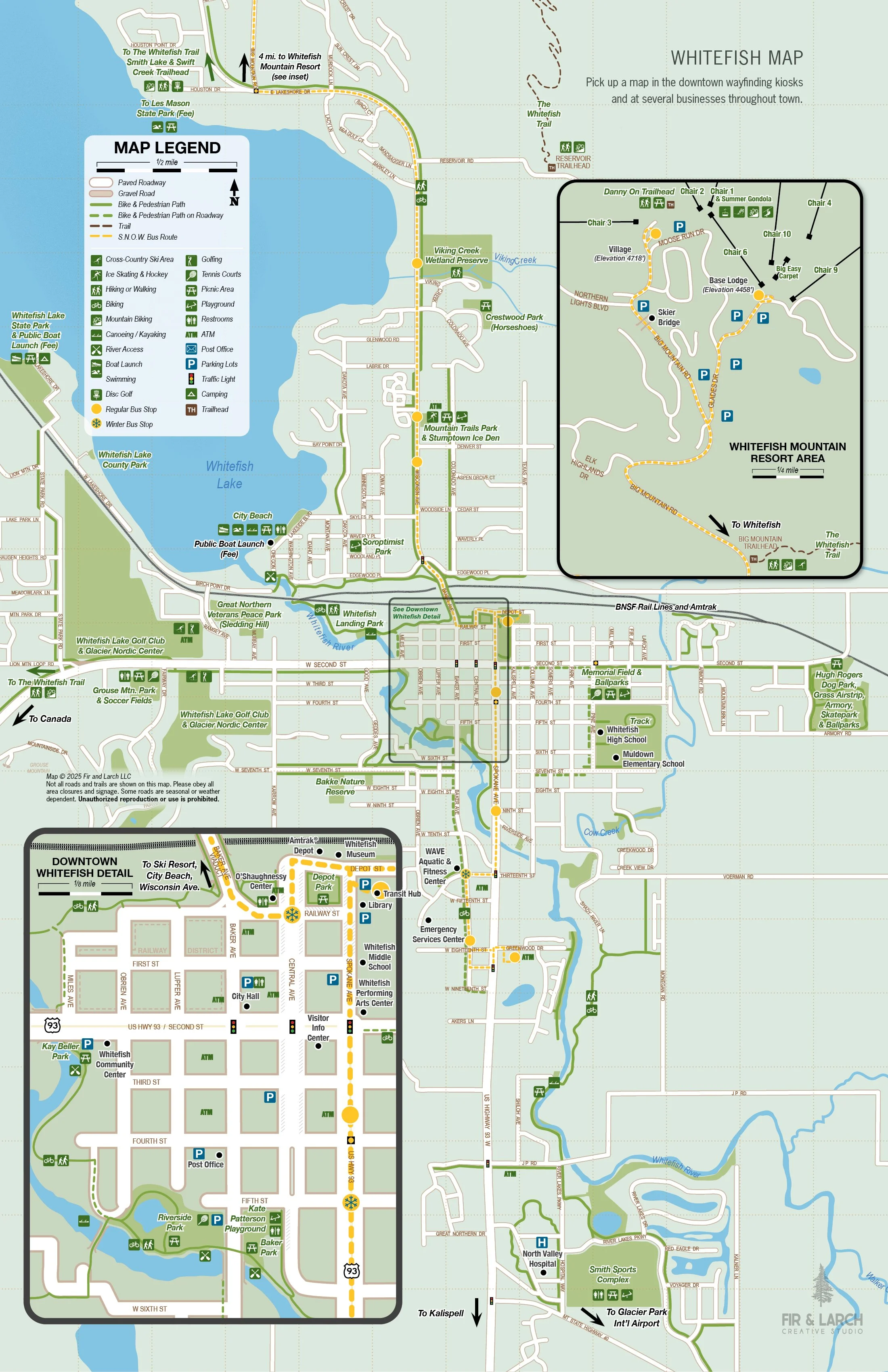 Map of Whitefish, Montana showing streets, parks, recreational areas, schools, hospitals, and points of interest, including the Whitefish Lake, the Whitefish Mountain Resort area, and downtown Whitefish.