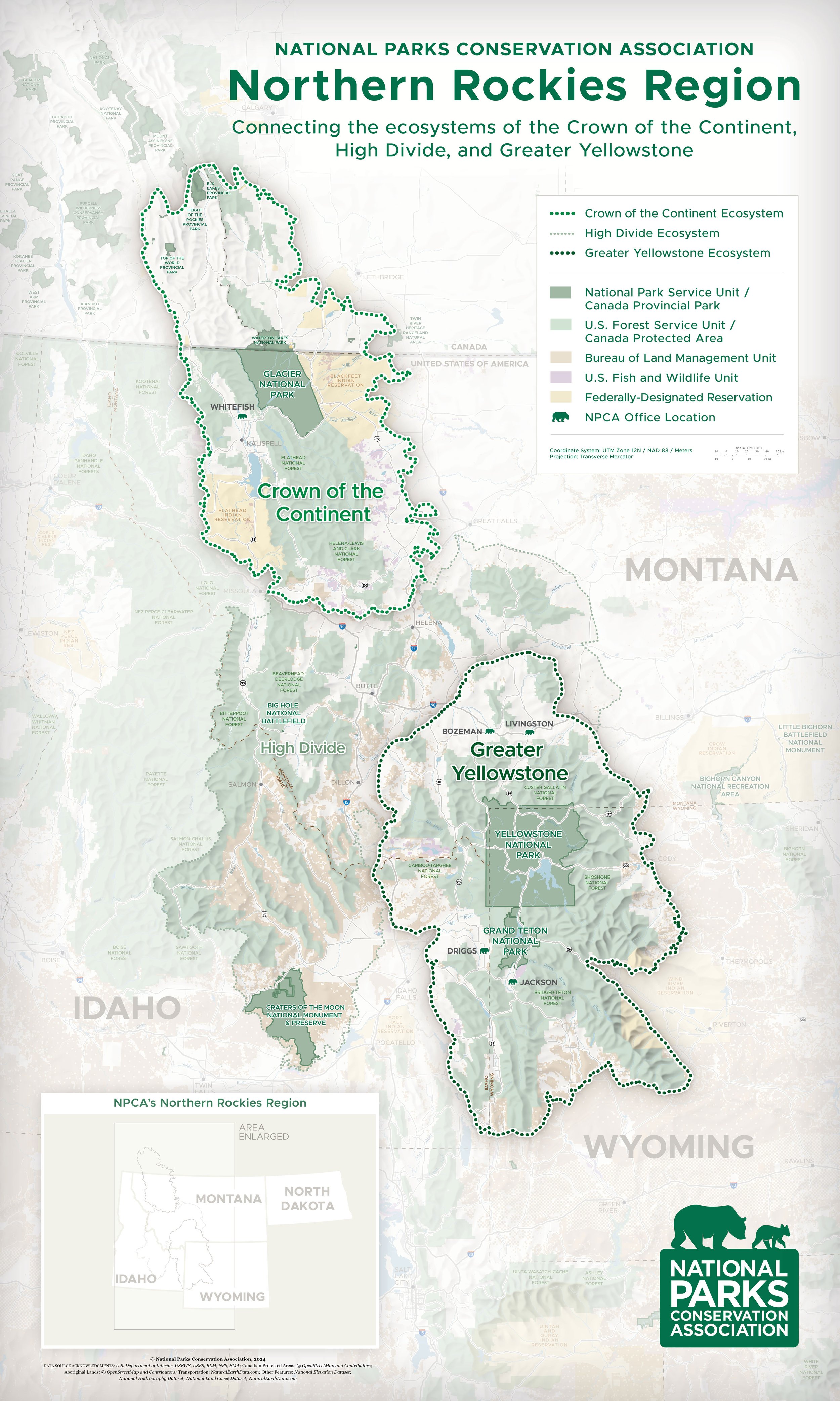 Map of the Northern Rockies Region showing the Crown of the Continent, High Divide, and Greater Yellowstone ecosystems. Includes highlighted national parks such as Glacier National Park, Yellowstone National Park, and Grand Teton National Park, with legend indicating different types of protected areas and conservation units.