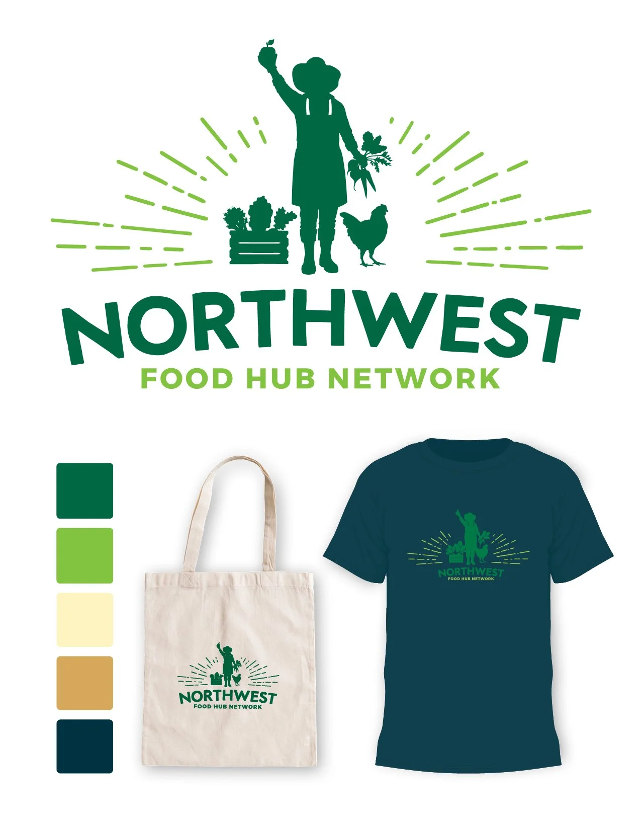 Logo for Northwest Food Hub Network featuring a person holding vegetables with a chicken and plant crates, green color scheme, displayed on tote bag and t-shirt.