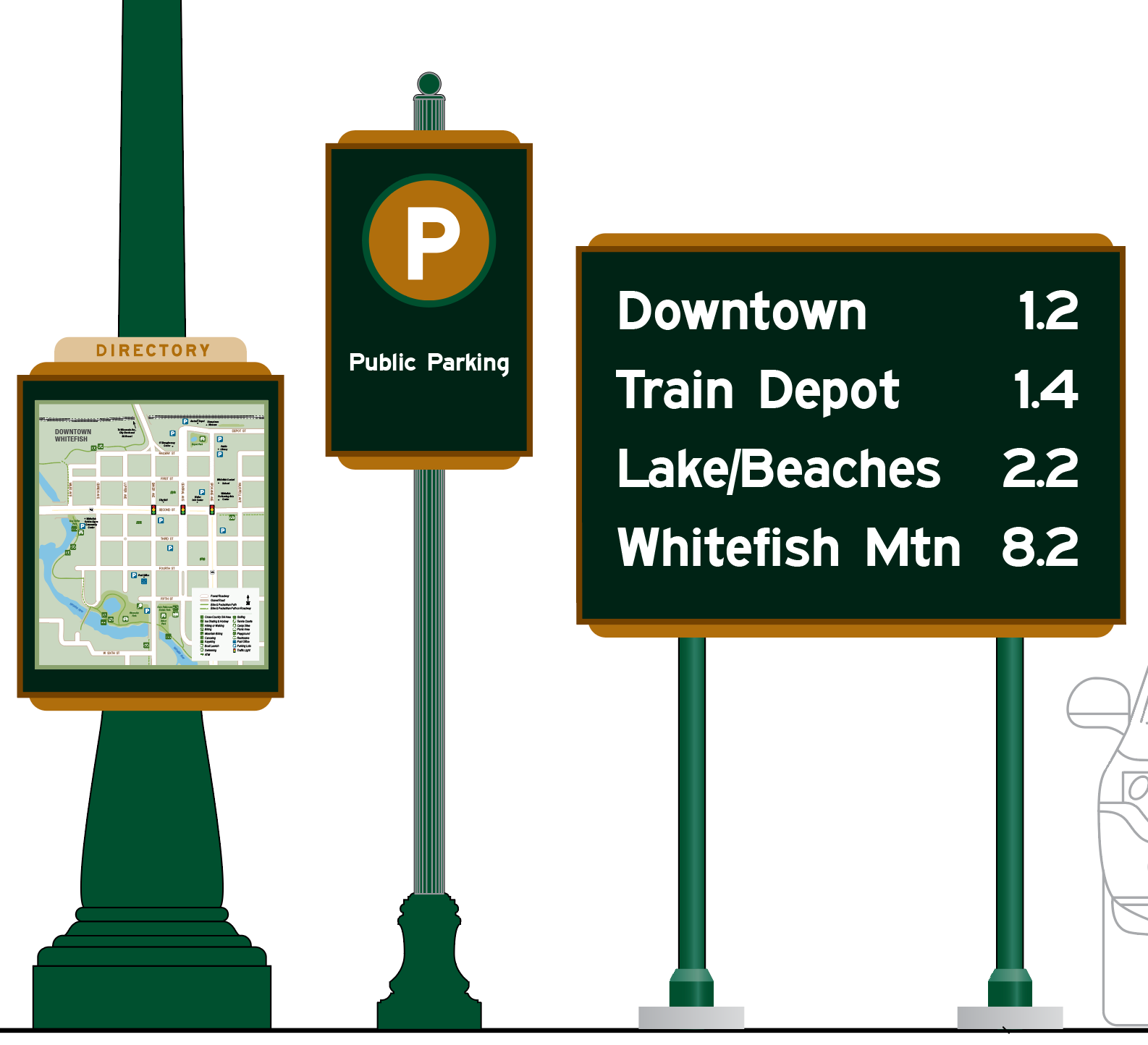 Signpost with a map, parking sign, and directional signs indicating distances to downtown, train depot, lake/beaches, and Whitefish Mountain in a city setting.