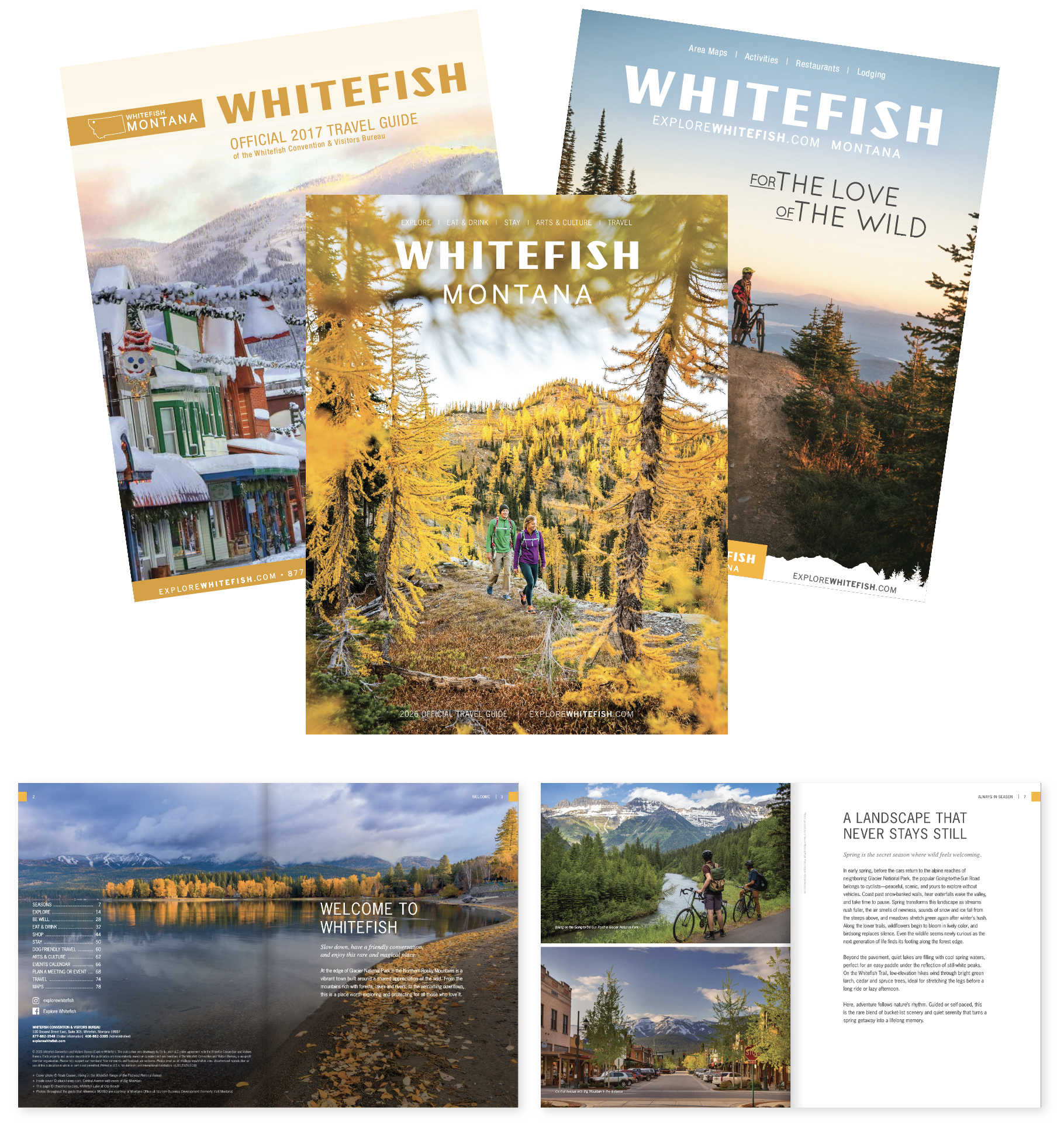Collage of travel brochures and images showcasing Whitefish, Montana, with snowy mountains, fall foliage, a mountain lake, and a downtown street scene with people riding bicycles near mountains.