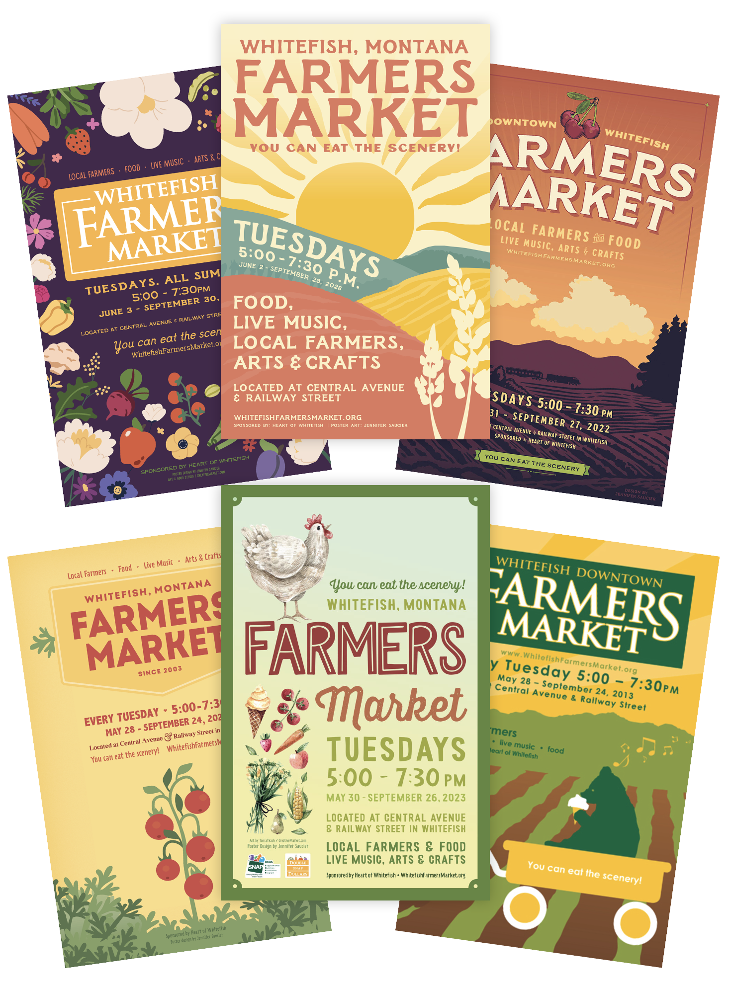 Collection of colorful flyers for Whitefish Farmers Market in Montana, featuring event dates, times, locations, and activities like food, live music, arts, and crafts.