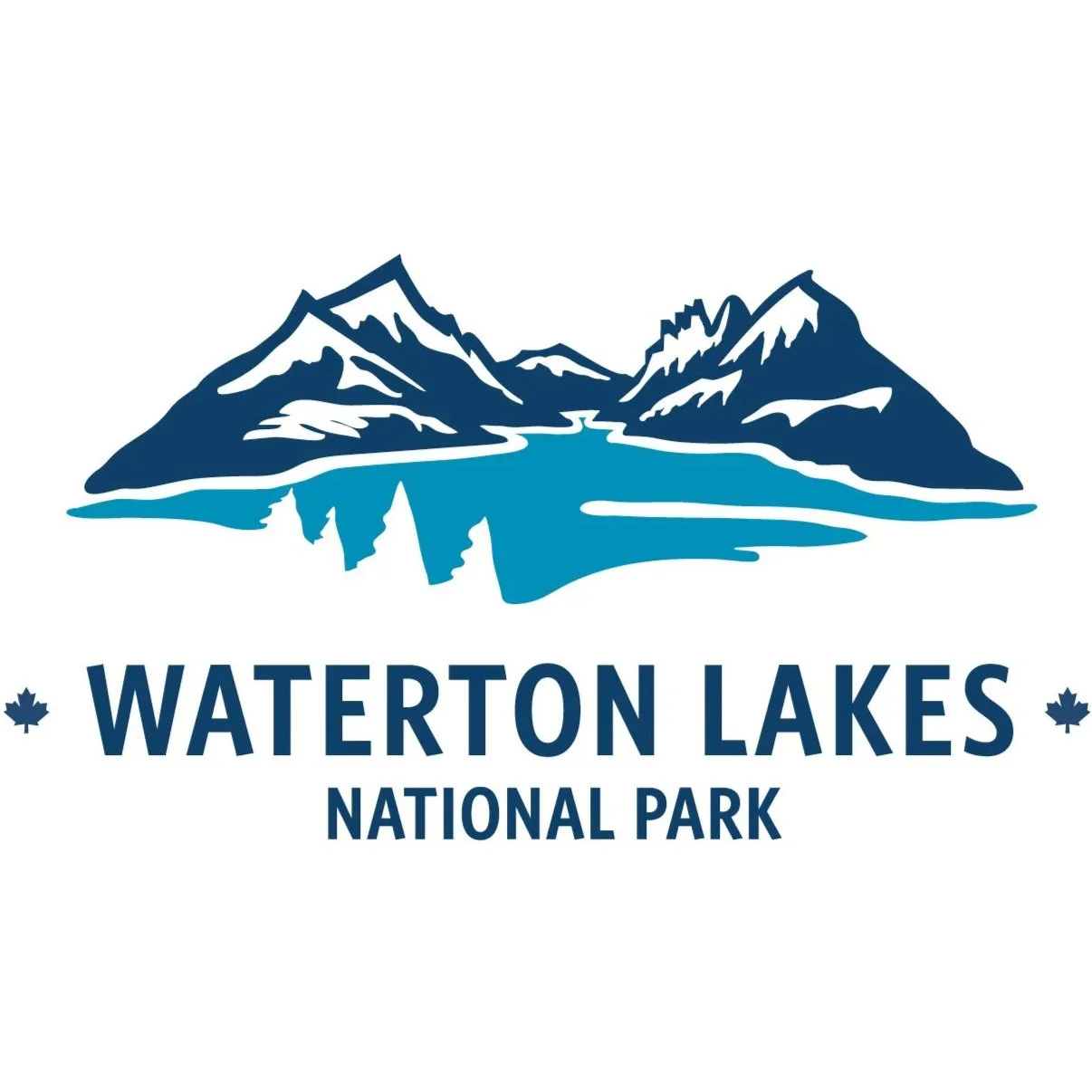 Logo of Waterton Lakes National Park featuring stylized mountains, lakes, and trees with the park's name in bold blue letters.