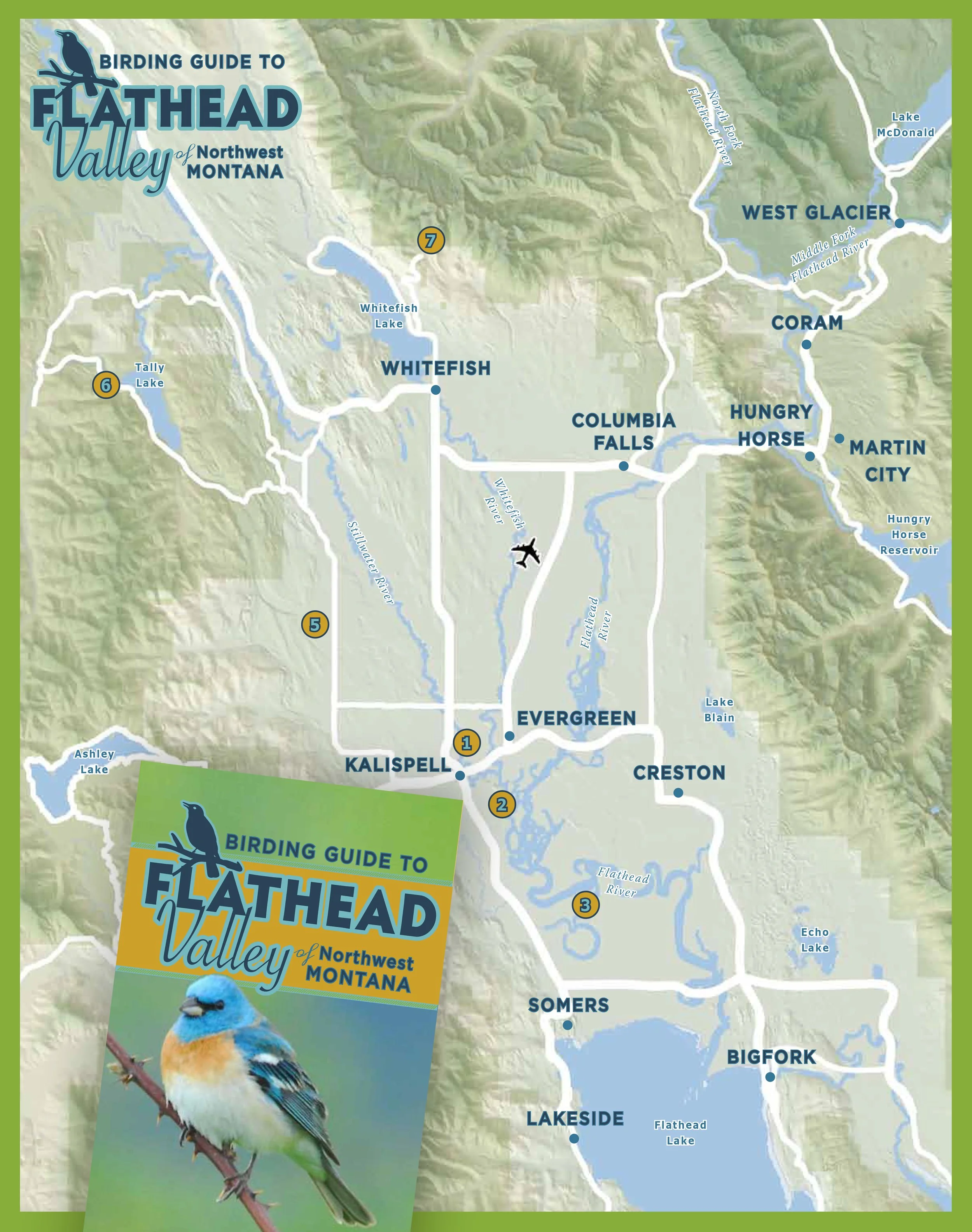 Map of northwest Montana showing towns and lakes, with a bird illustration and a partial cover of a birding guidebook titled "Birding Guide to Flathead Valley of Northwest Montana."