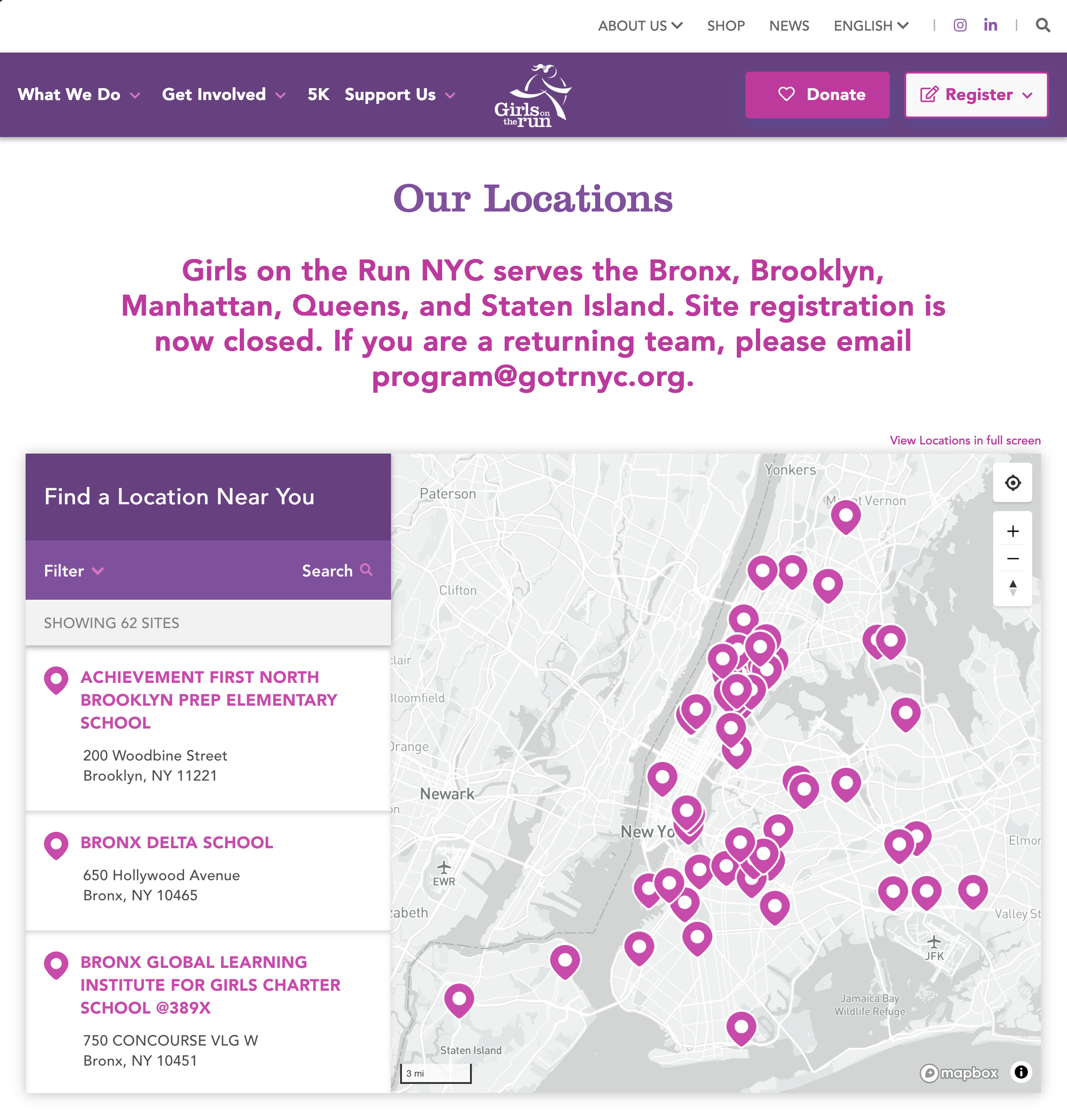 Map on a webpage showing multiple location markers in Brooklyn, NY, with a sidebar listing specific schools and addresses, and purple theme elements.