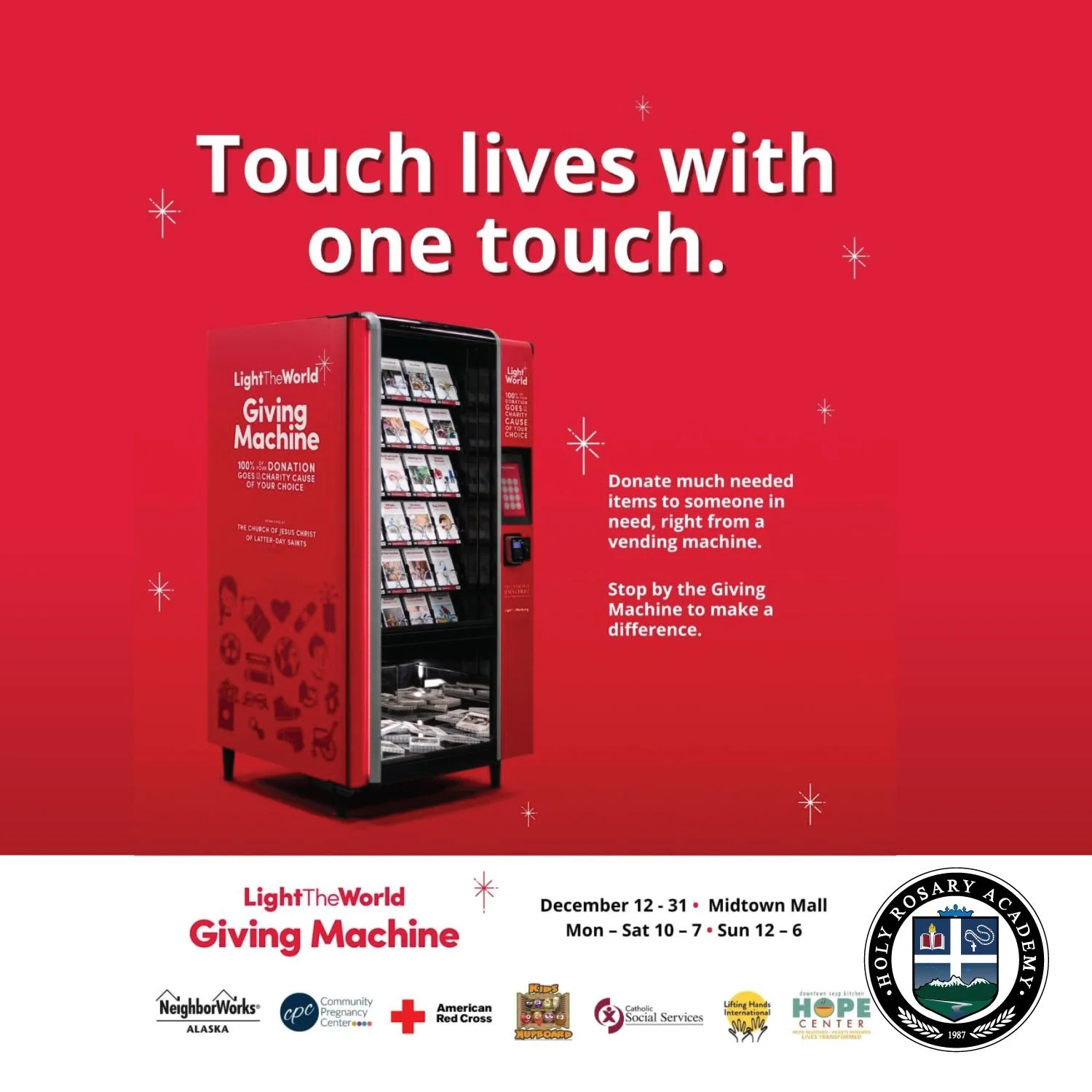 Come join us tomorrow!
Our Upper School Performance Choir will be singing from 3:00&ndash;3:45 p.m. next to Steam Dot in the Midtown Mall as Anchorage celebrates the debut of Light the World&rsquo;s Giving Machine!
https://givingmachineanchorage.org/