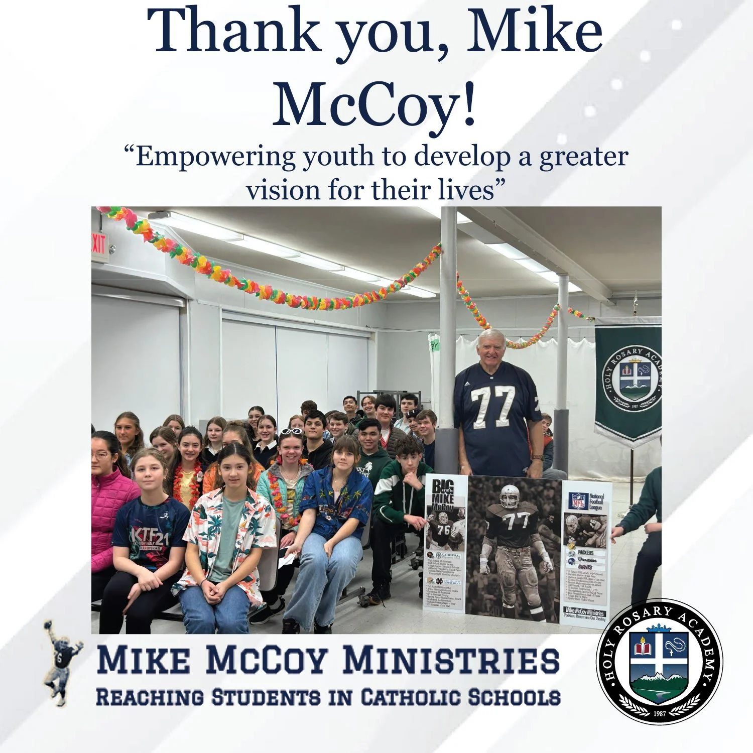A Defensive Tackle in the NFL for 11 years with the Green Bay Packers, the Oakland Raiders, and the New York Giants, Mike McCoy inspired our students with his personal stories of faith, football, and freedom to do God&rsquo;s will because &ldquo;deci