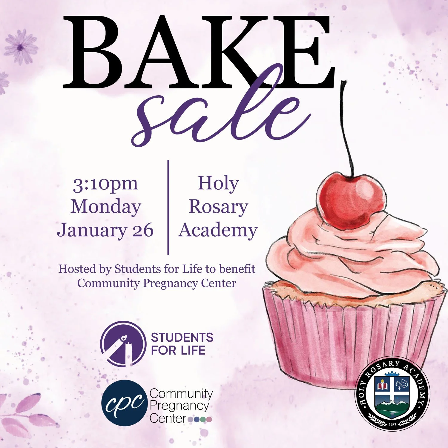 Join us for a bake sale tomorrow hosted by Students for Life! All funds raised will be donated to CPC. 
#CatholicSchoolsWeek #CSW2026 #BakeSale #StudentsForLife