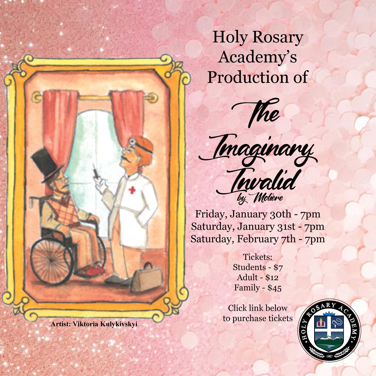 High School Drama production this Friday and Saturday at 7 pm at Awaken Theatre. Buy Tickets here - https://holyrosaryacademy.schoolauction.net/theimaginaryinvalid/register/ticket_sales?fbclid=IwY2xjawPlFbdleHRuA2FlbQIxMABicmlkETFqMWNBOFZjTEl5M0gyYjA