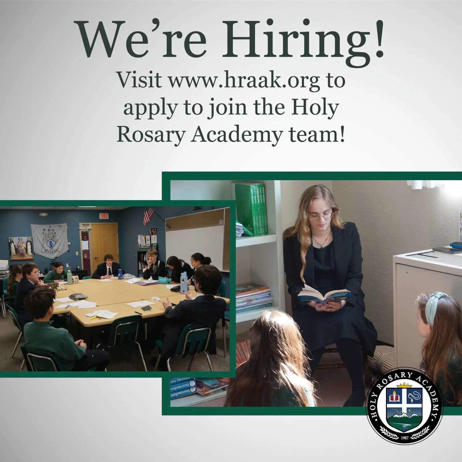 We are hiring for two elementary teaching positions. Holy Rosary Academy is noteworthy not only for its excellence in academics, but also for its faithful students who bring joy and wonder to the classroom. If you have a Bachelors degree and/or teach