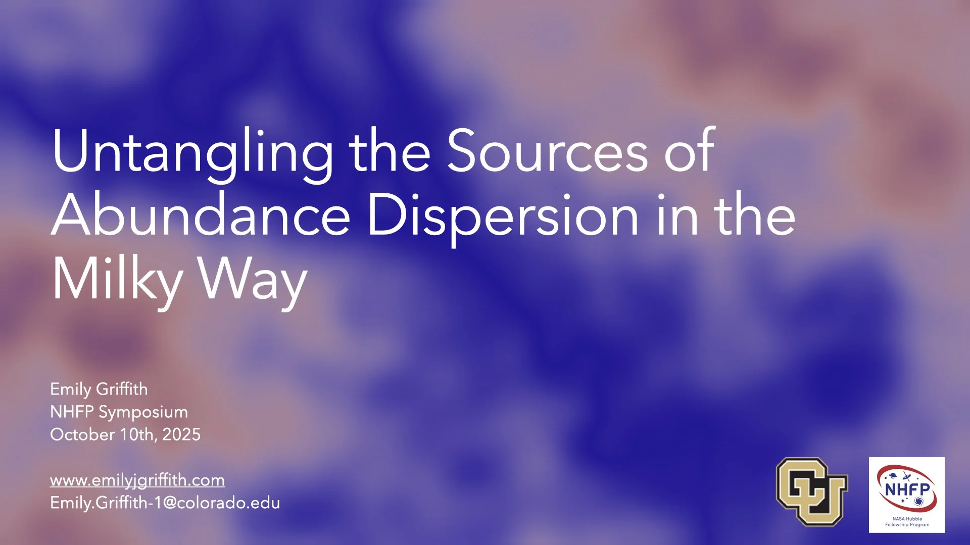 Title slide of the linked deck. Purple and orange dynamic background with text "Untangling the Sources of Abundance Dispersion in the Milky Way".