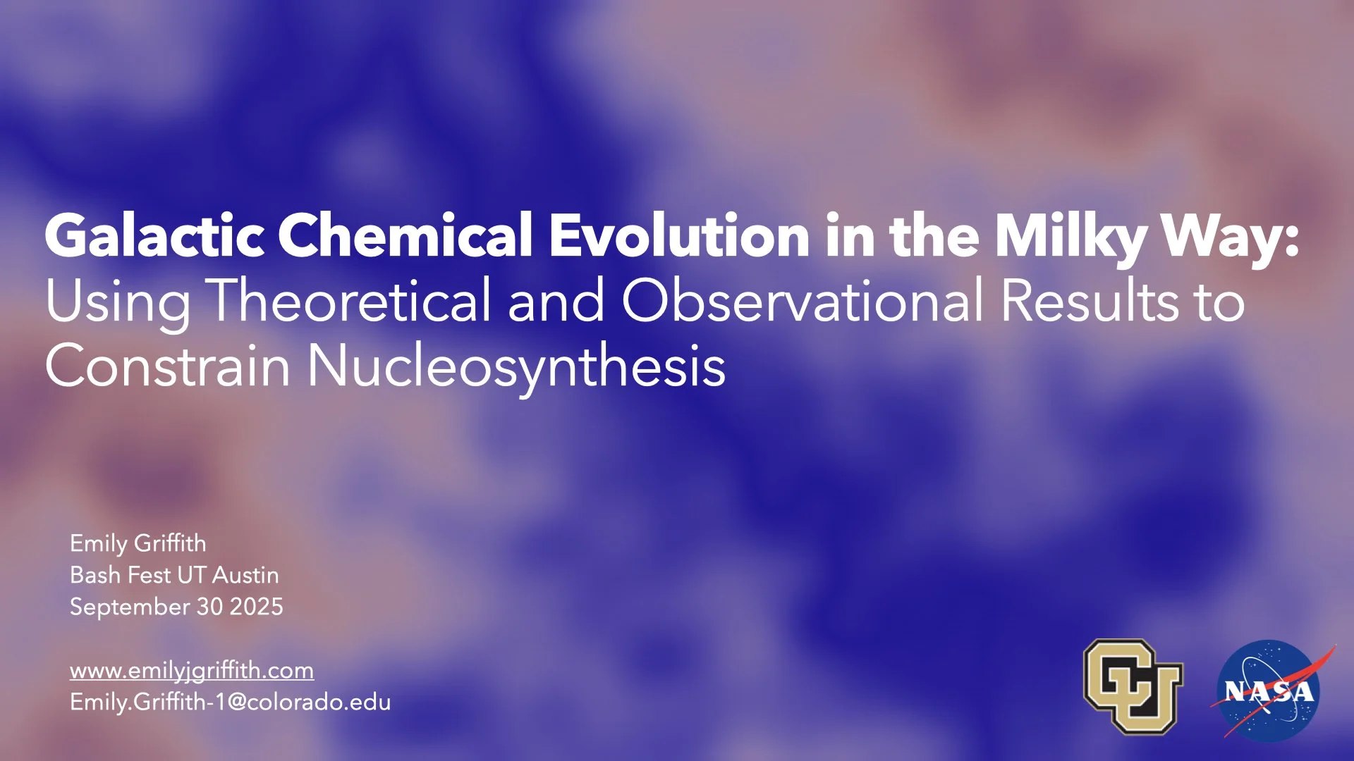 Title slide of the linked deck. Purple and orange dynamic background with text "Galactic Chemical Evolution in the Milky Way: Using Theoretical and Observational Results to Constrain Nucleosynthesis".