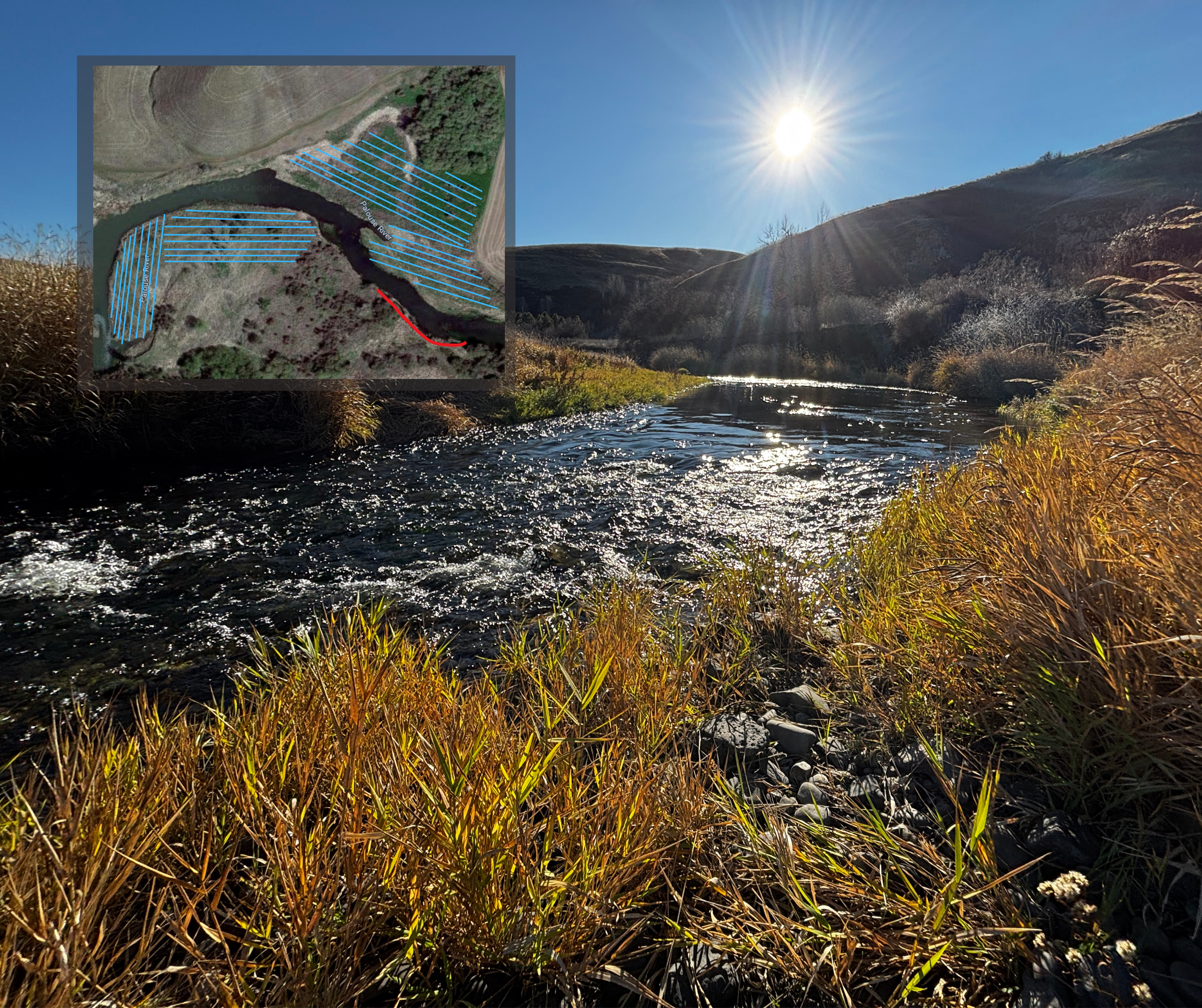 Image of the Palouse River with the sun shining down. An arial view of the site is shown in the upper left corner of the image.