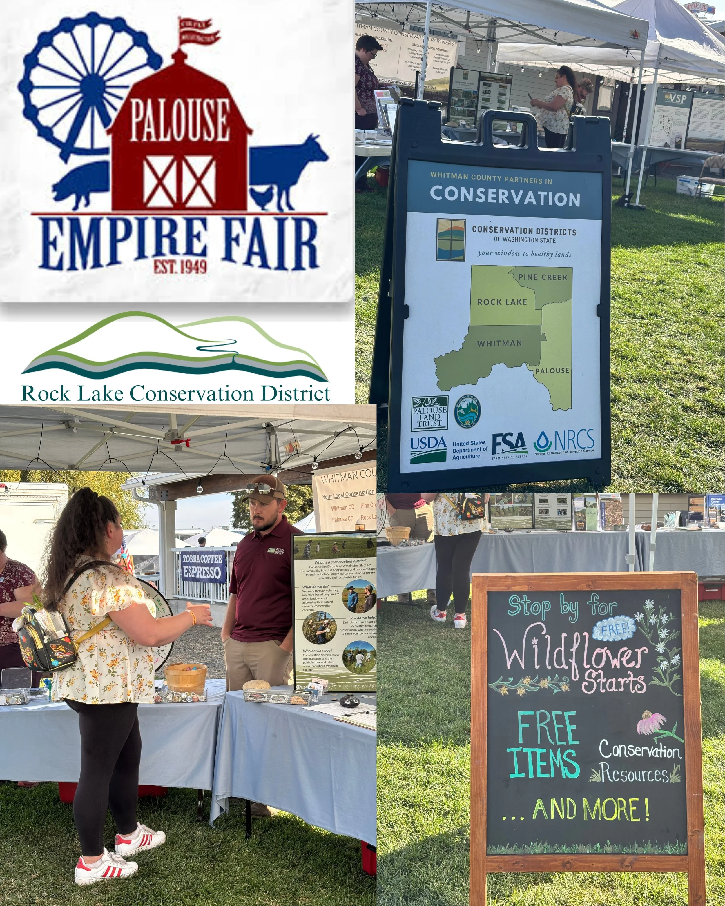 Image shows conservation booth with an array of outreach materials, staff, and community members standing and talking.
