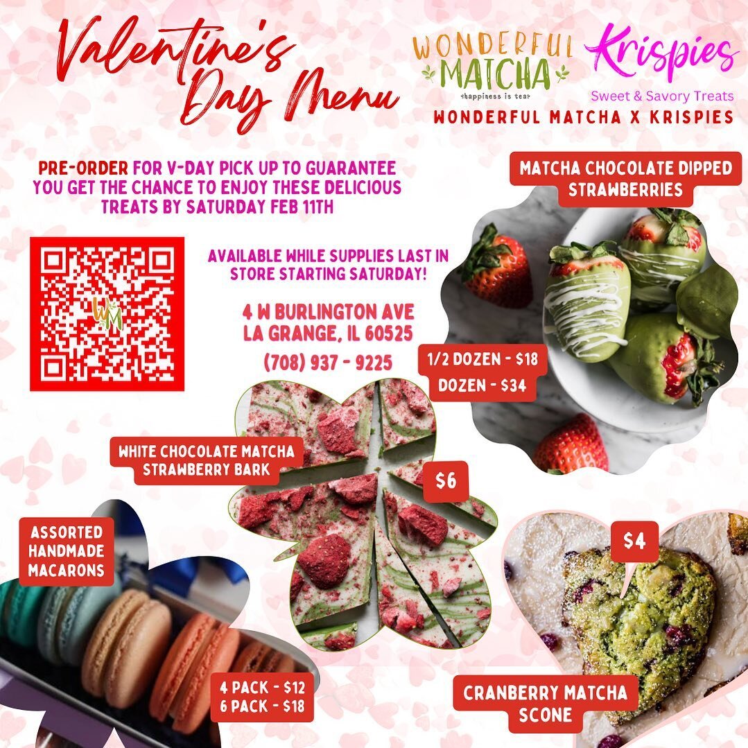 So excited to be partnering up with Krista over at Krispies to create a Valentine&rsquo;s Day Menu for our matcha lovers 🍵

Available will be: 

Chocolate Dipped Strawberries 
- fully dipped in matcha white chocolate 
- dipped in milk chocolate with