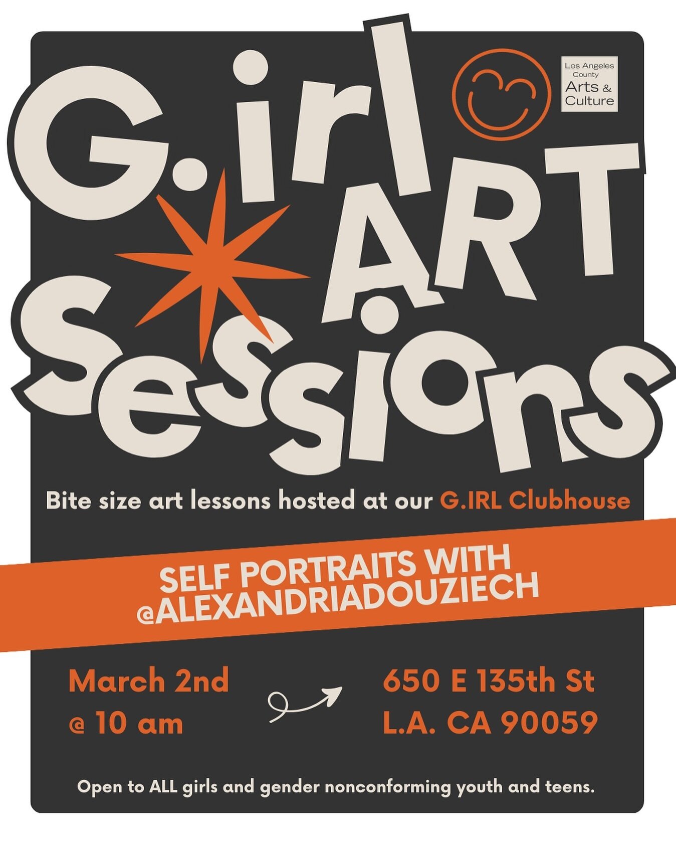 Join us for our G.IRL Art Sessions hosted at our new G.IRL Clubhouse.

These are short beginner-level art classes that explore all forms of art.

This Saturday, March 2nd, at 10 am, we will be exploring the art of the Self Portrait with @AlexandriaDo