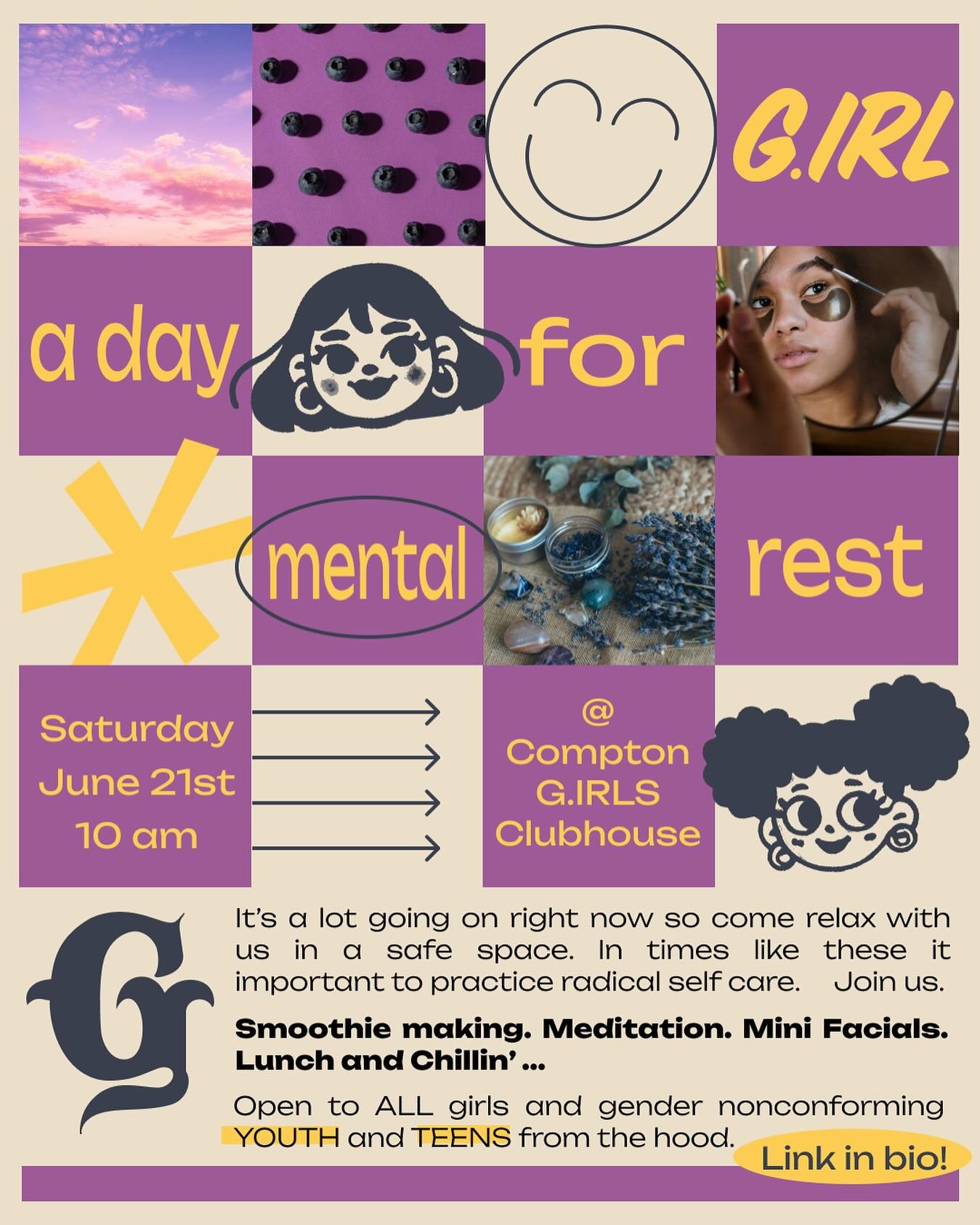 We are going through trying times right now as we know, so we have decided to switch our programming up a bit to create a safe space for YOUTH and TEEN girls and gender non conforming youth to recharge.
&zwnj;
We will have:
&zwnj;
Hands on custom smo