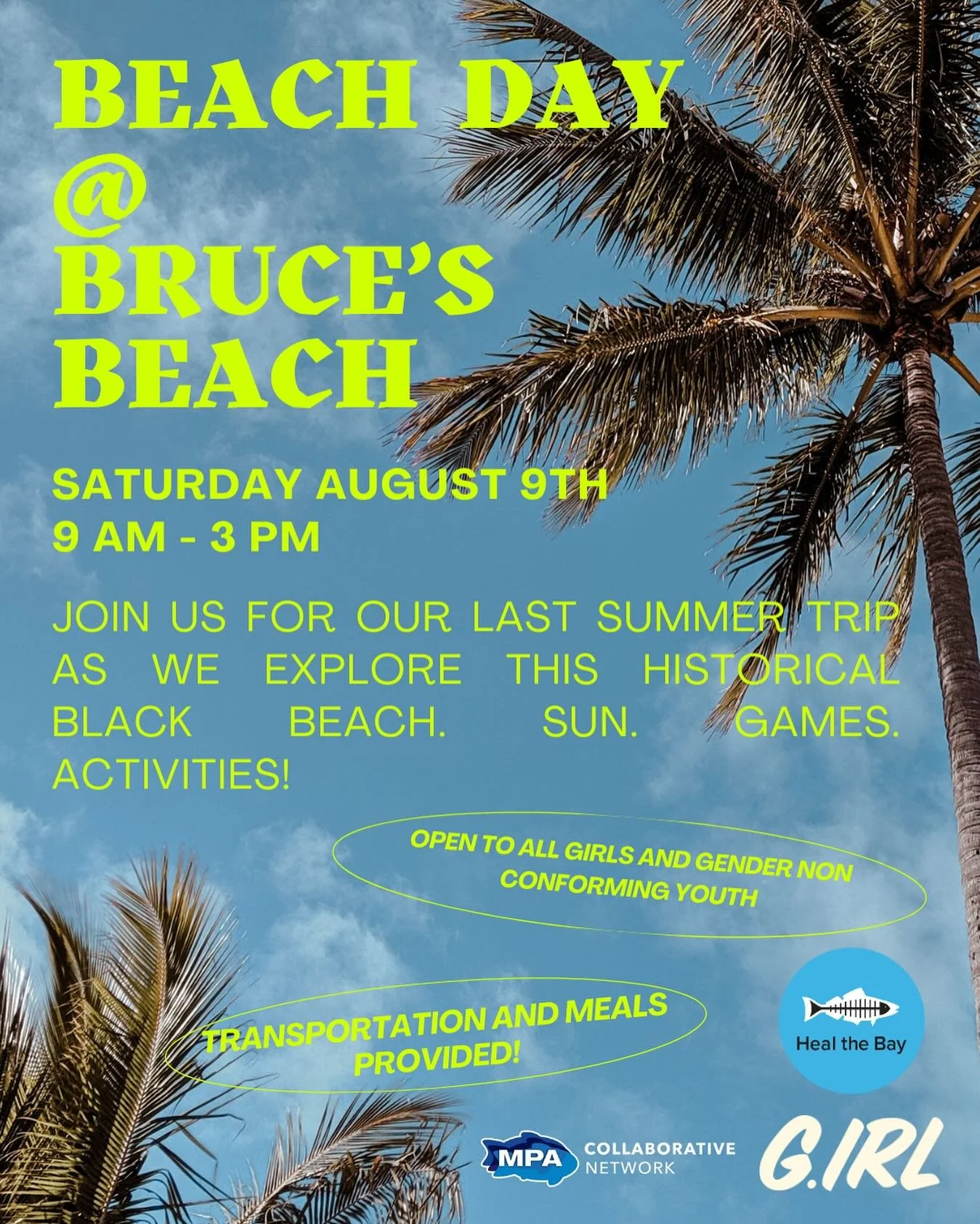 Join us on Saturday August 9th for a trip to Bruce&rsquo;s Beach with @healthebay and @mpacollaborativenetwork .

We will explore this historically Black beach location, learn about environmental justice, and have fun activities and games in the sun!