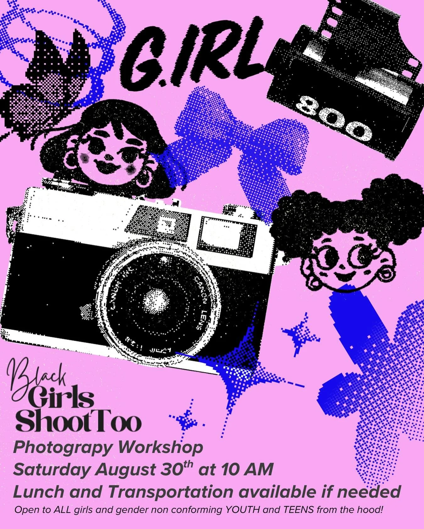 Join us this Saturday, August 30th at 10 AM for a workshop centering photography hosted by @blackgirlsshoottoo 

We will learn the basics of photography, including techniques and how to work with cameras. No experience needed.

Per usual lunch and tr