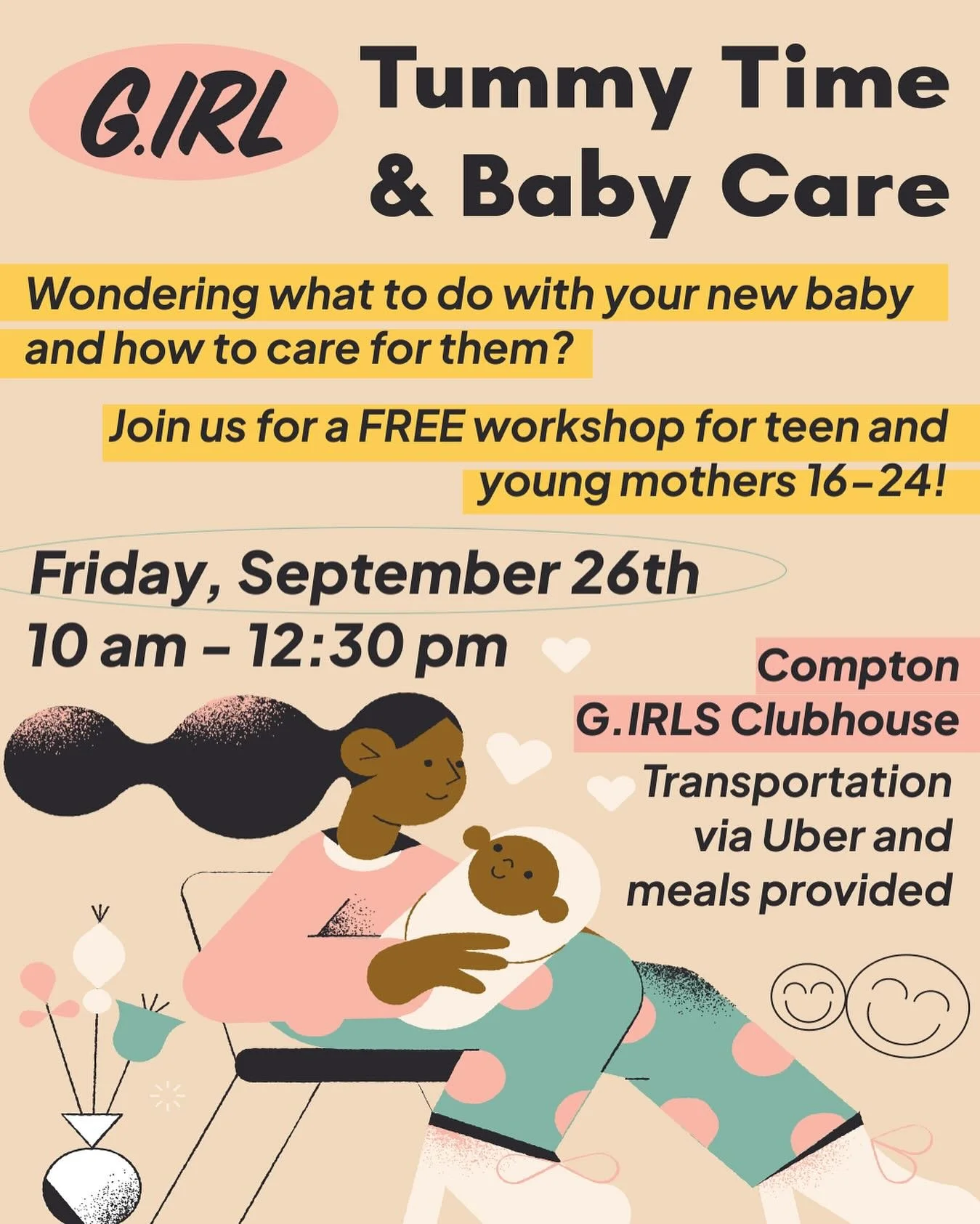 This Month as part of our programs for teen and young mothers (16-24) we are excited to host a special workshop for young moms!

👶🏿👶🏾👶🏽

We will learn about&nbsp;Tummy Time: why it&rsquo;s important, how it helps your baby grow strong through m