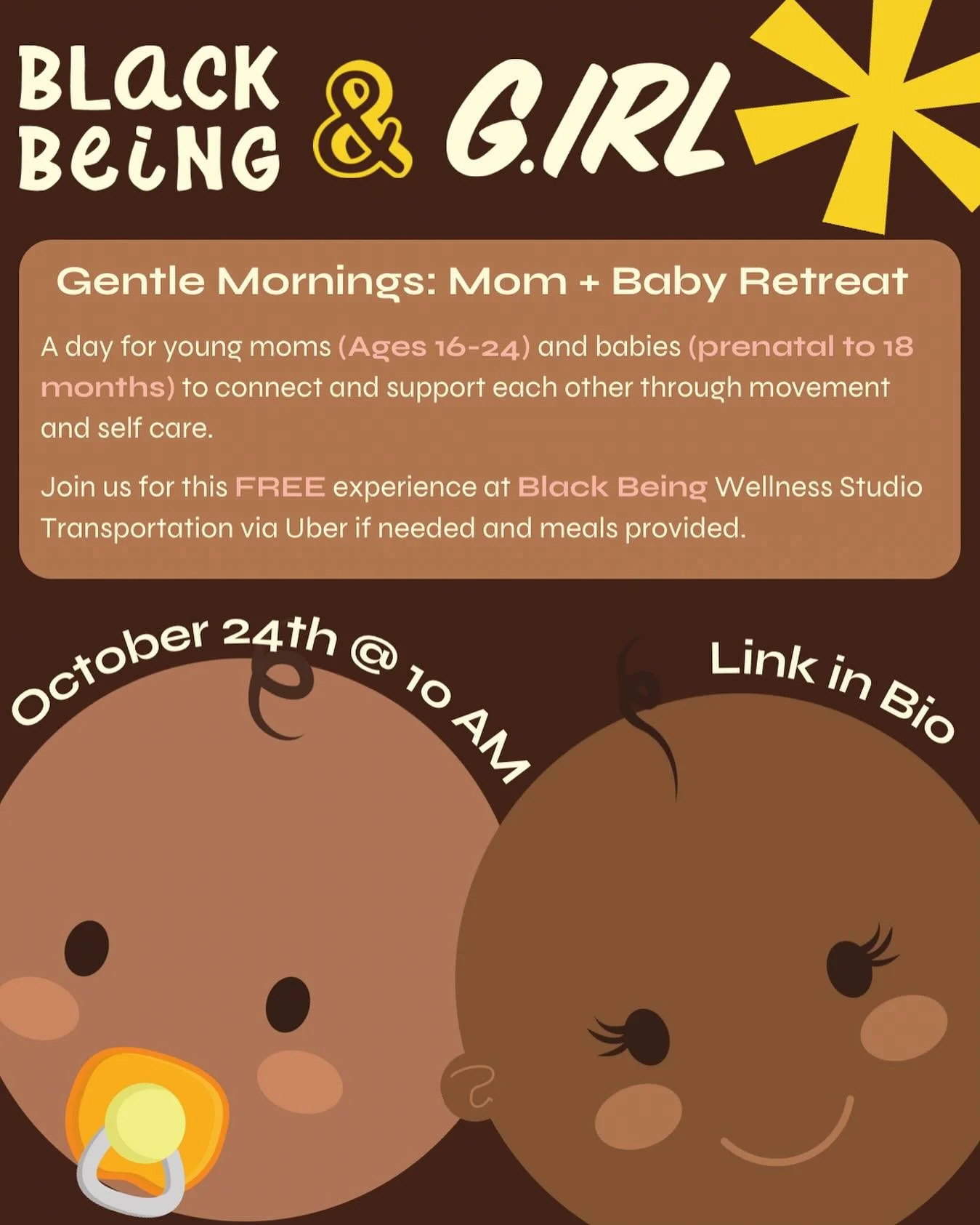 Up next for our young mommies!
&zwnj;
👶🏿👩🏽&zwj;🍼👶🏾
&zwnj;
This Friday October 24th at 10 am we will be hosting a special event with our friends over at @blackbeingla in Inglewood.
&zwnj;
Join us for a moment to relax, reset and take of you and