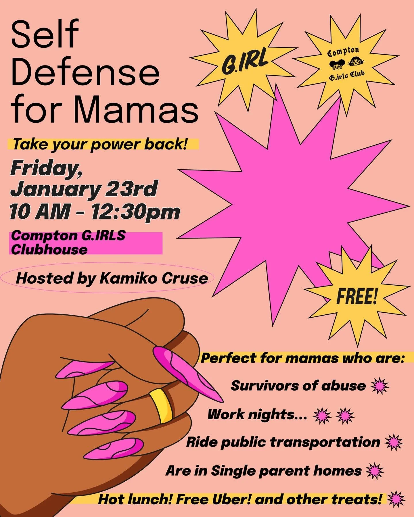 As part of our ongoing support for teen and young mothers, we are hosting a self-defense workshop this Friday, January 23rd, from 10 am - 12:30 pm

Join us as we learn self-defense tactics from Kamiko Cruse. This class is FREE

This class is perfect 