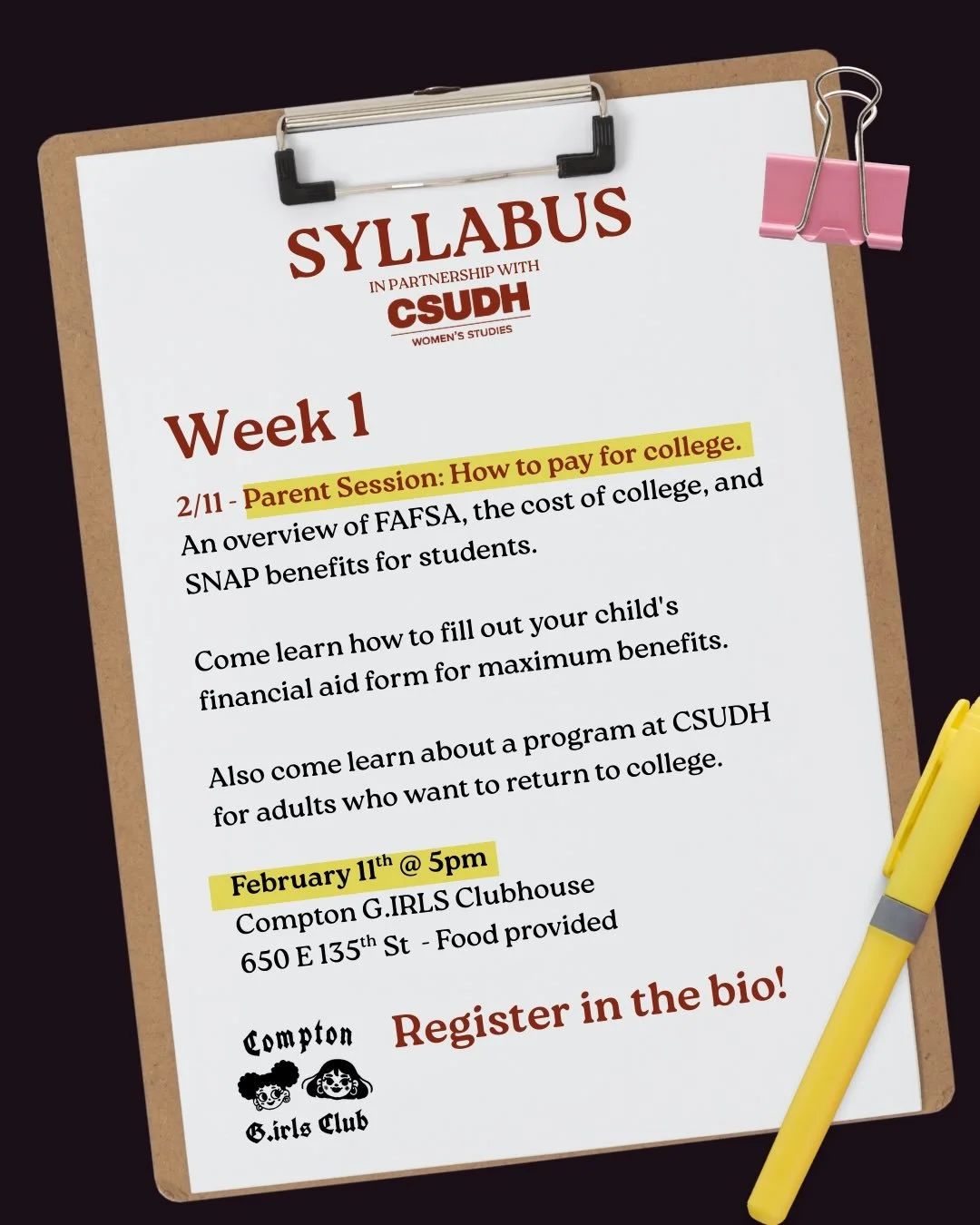 Coming up first in our College G.IRL Series, in partnership with @csudh_wms , this Wednesday, February 11th at 5 pm is our Parent Session.

This session will inform parents on how to pay for college, how to navigate the FAFSA (What IS the FAFSA!), an