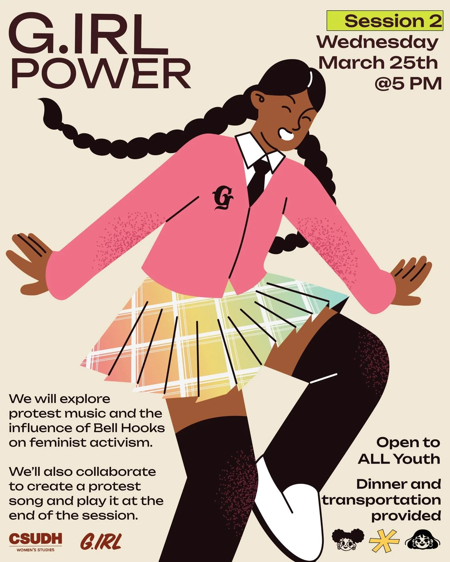 Part 2 of our G.IRL Power Series hosted @CSUDH_WMS is tomorrow, Wednesday March 24th @ 5 pm

This session will focus on learning about protest and social activism through music.  We will listen to a variety of songs and even create our own protest so