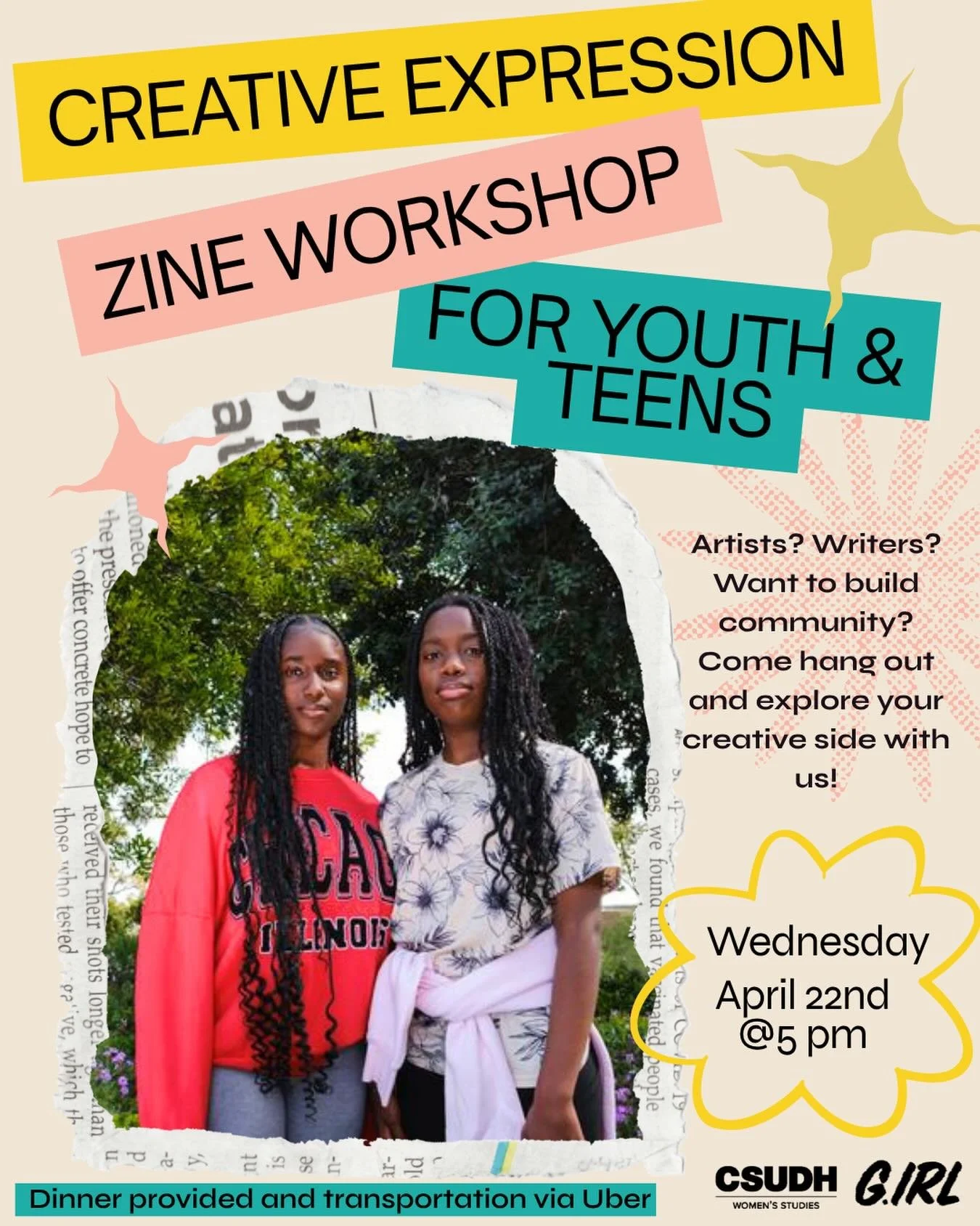Join us this Wednesday Aprill 22nd f@ 5 pm for a arts workshop hosted by @csudh_wms 

We will express ourselves through art and paper, creating zines! Take a moment of self care and create with us!

This is a no-pressure, relaxing environment where w